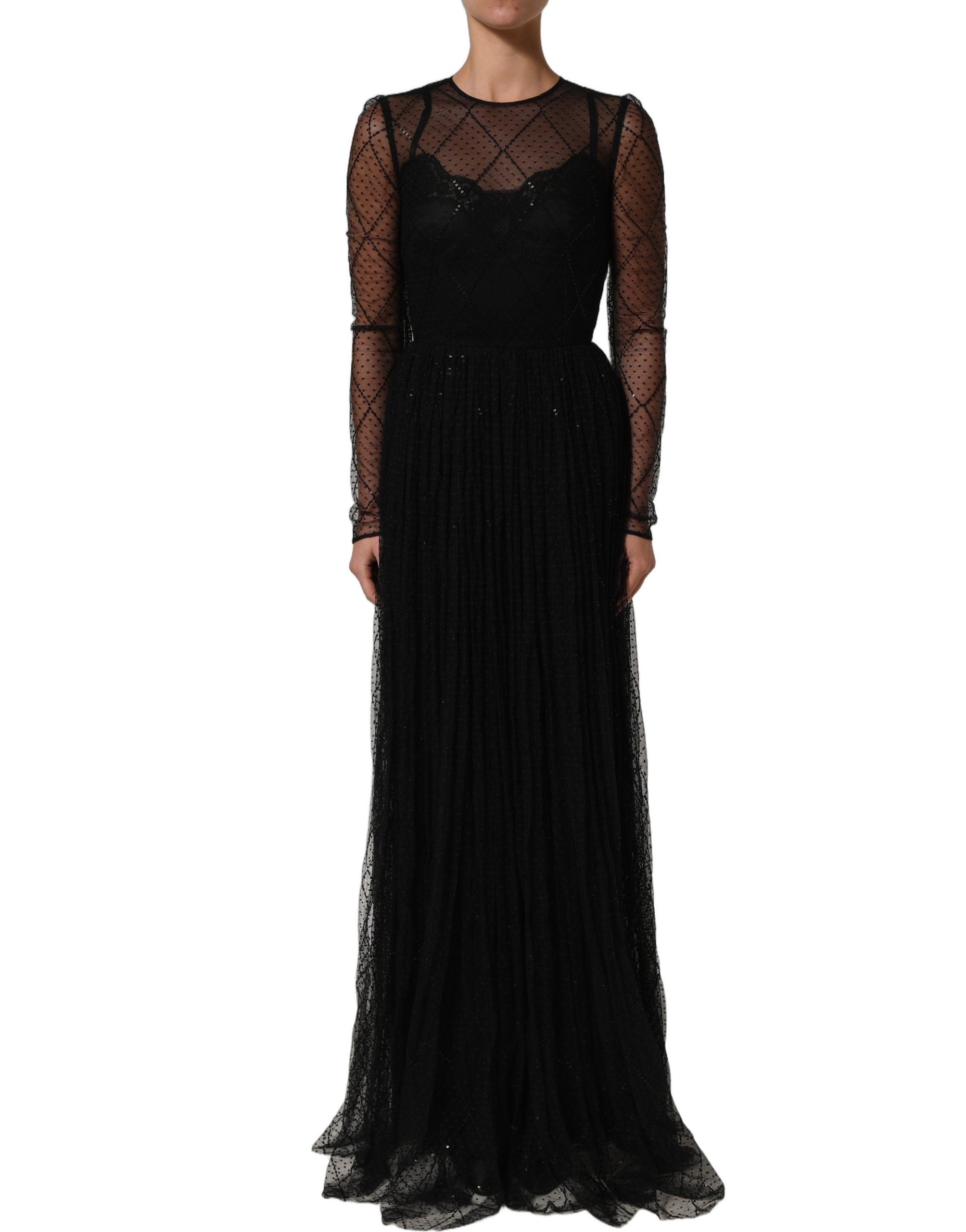 Dolce & Gabbana Langes Spitzen-Maxikleid aus schwarzem Mesh-3