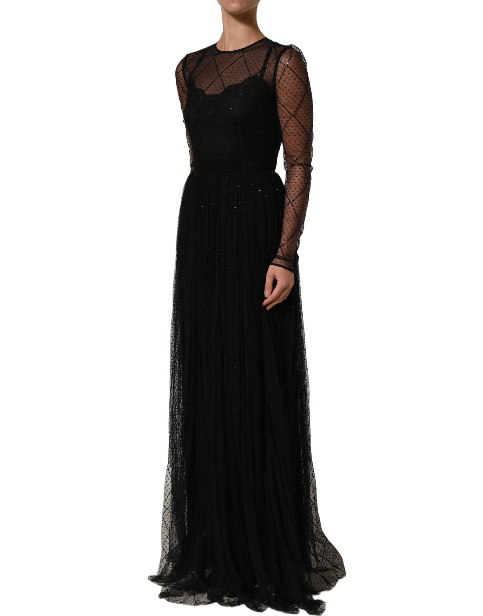 Dolce & Gabbana Langes Spitzen-Maxikleid aus schwarzem Mesh-4
