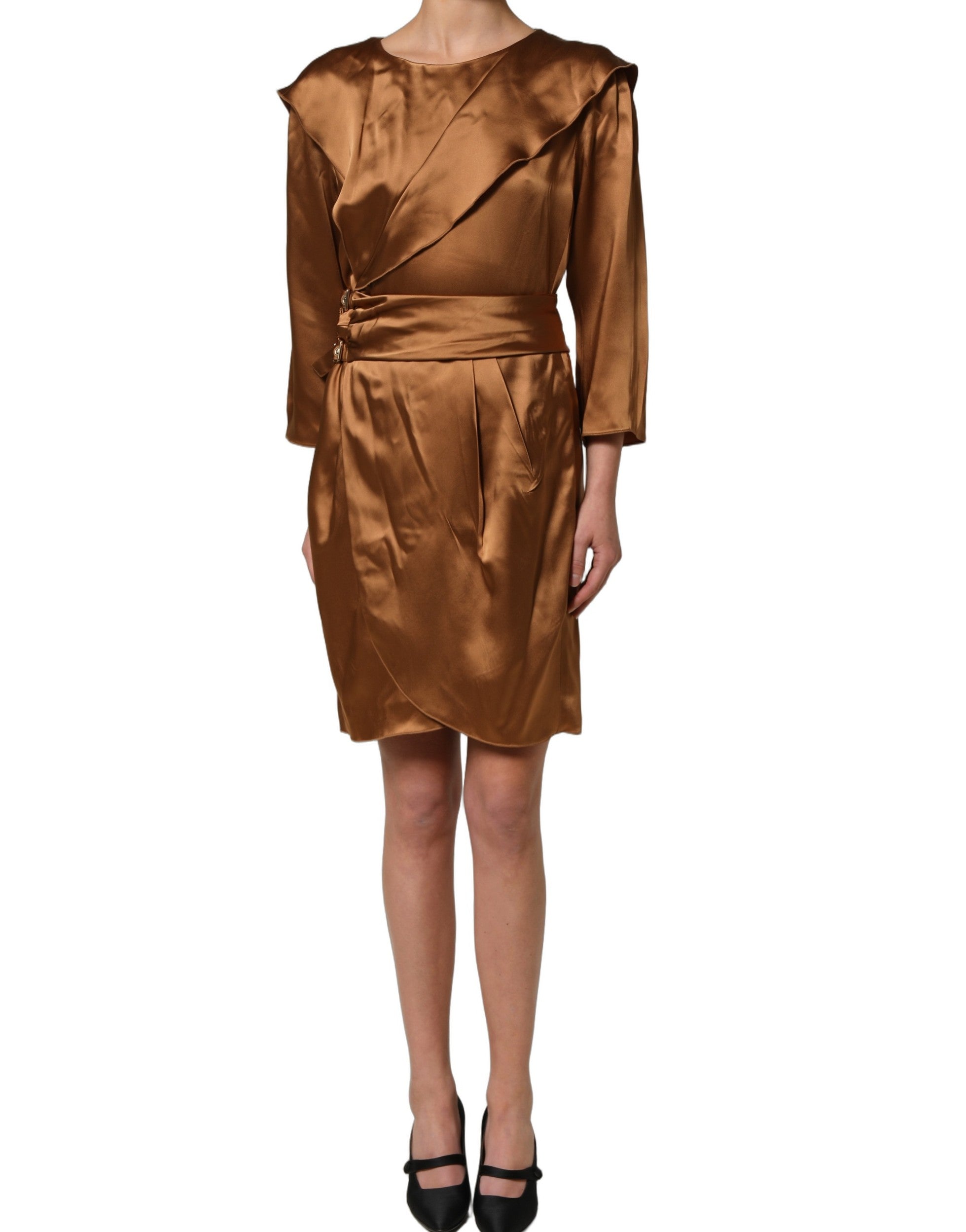 Emporio Armani Braunes Wickelkleid aus Satin und Acetat, Etui-Silhouette, Mini-Länge, mit Gürtel-8