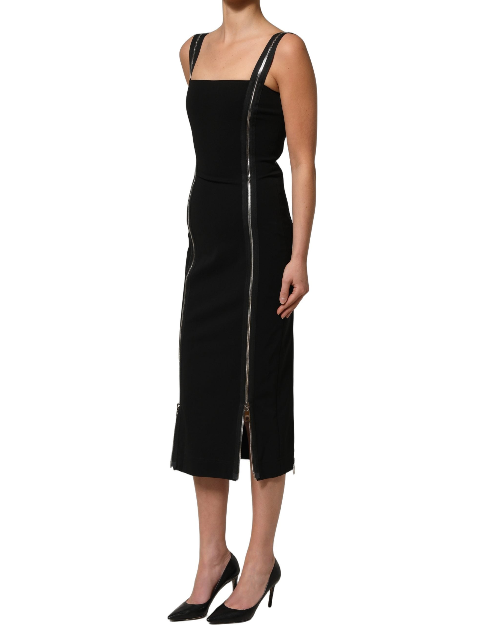 Dolce & Gabbana Schwarzes ärmelloses Midikleid mit Reißverschluss vorne-5