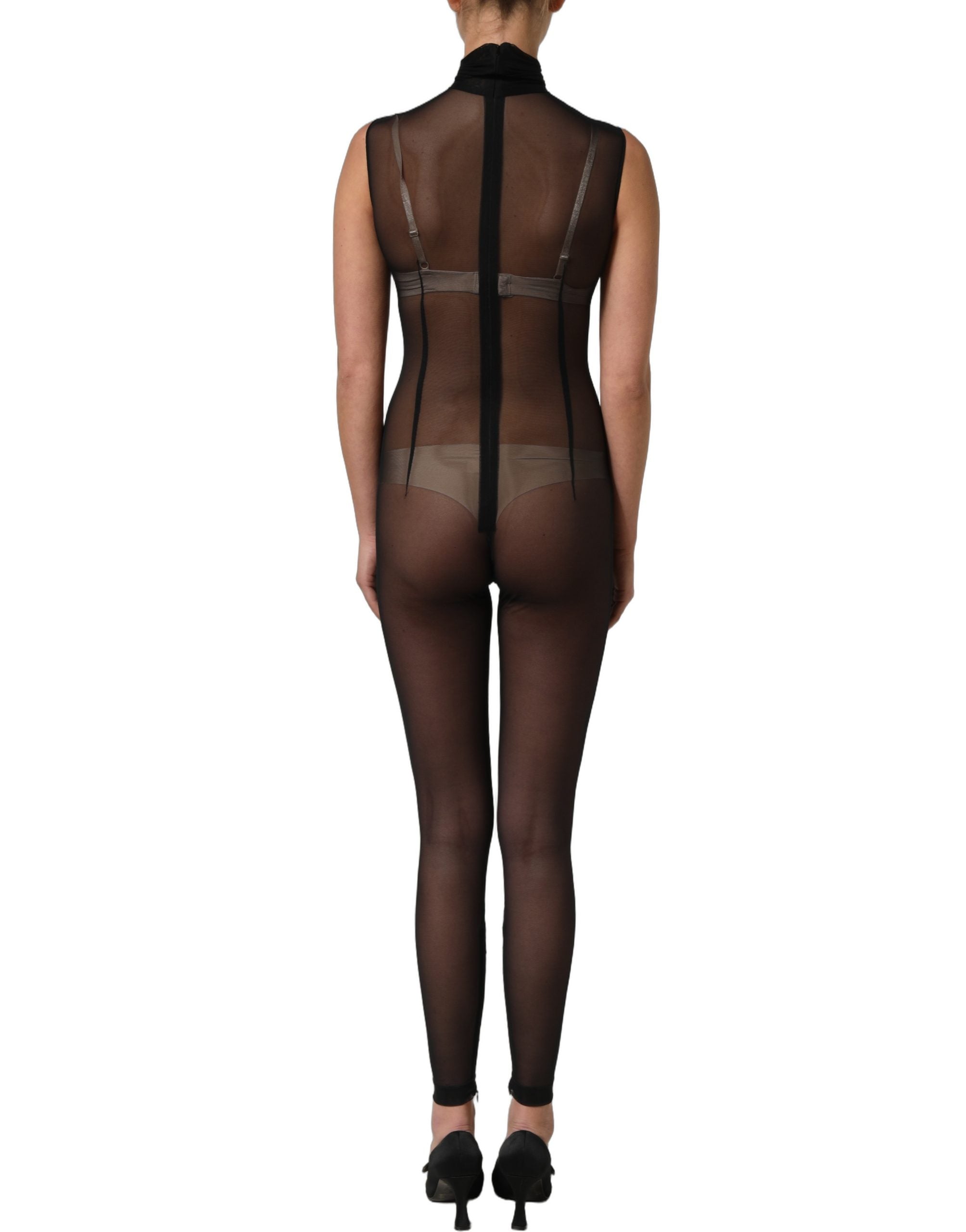 Dolce & Gabbana Schwarzer transparenter Mesh-Jumpsuit mit Rollkragen-4
