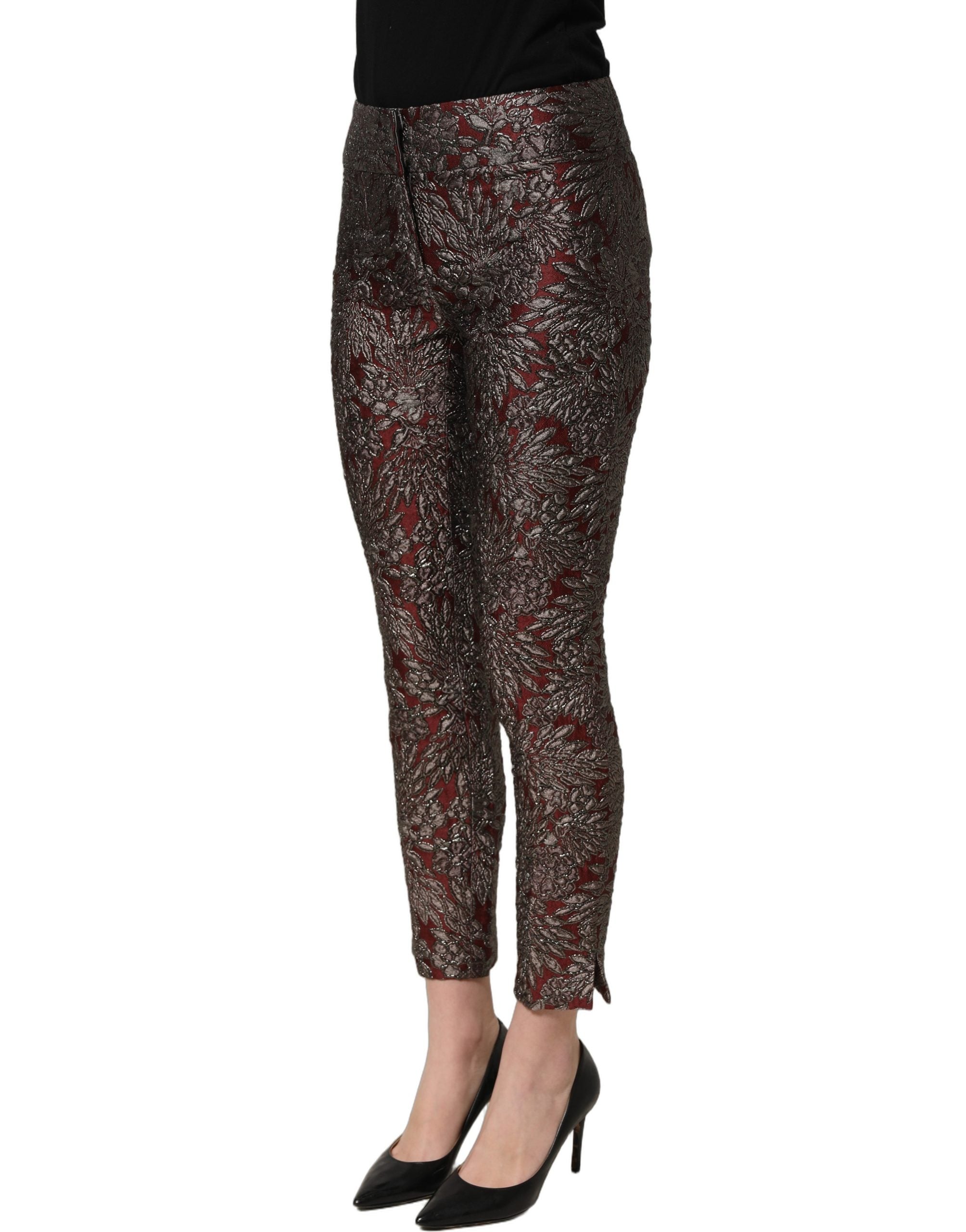 Dolce & Gabbana Gerade Hose mit burgunderrotem und grauem Blumenjacquard-4