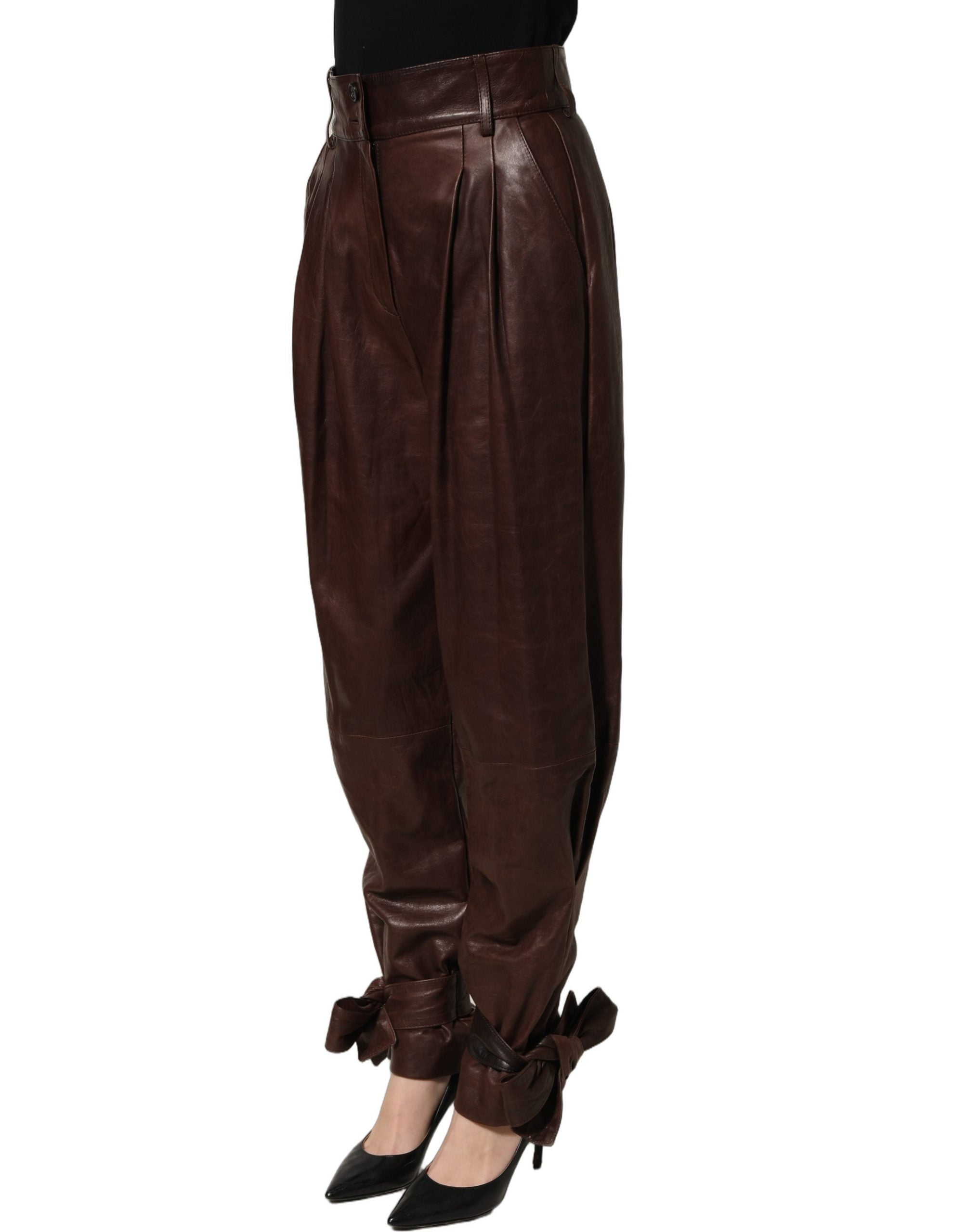 Dolce & Gabbana Braune Lederhose mit hoher Taille und schmal zulaufendem Bein-4