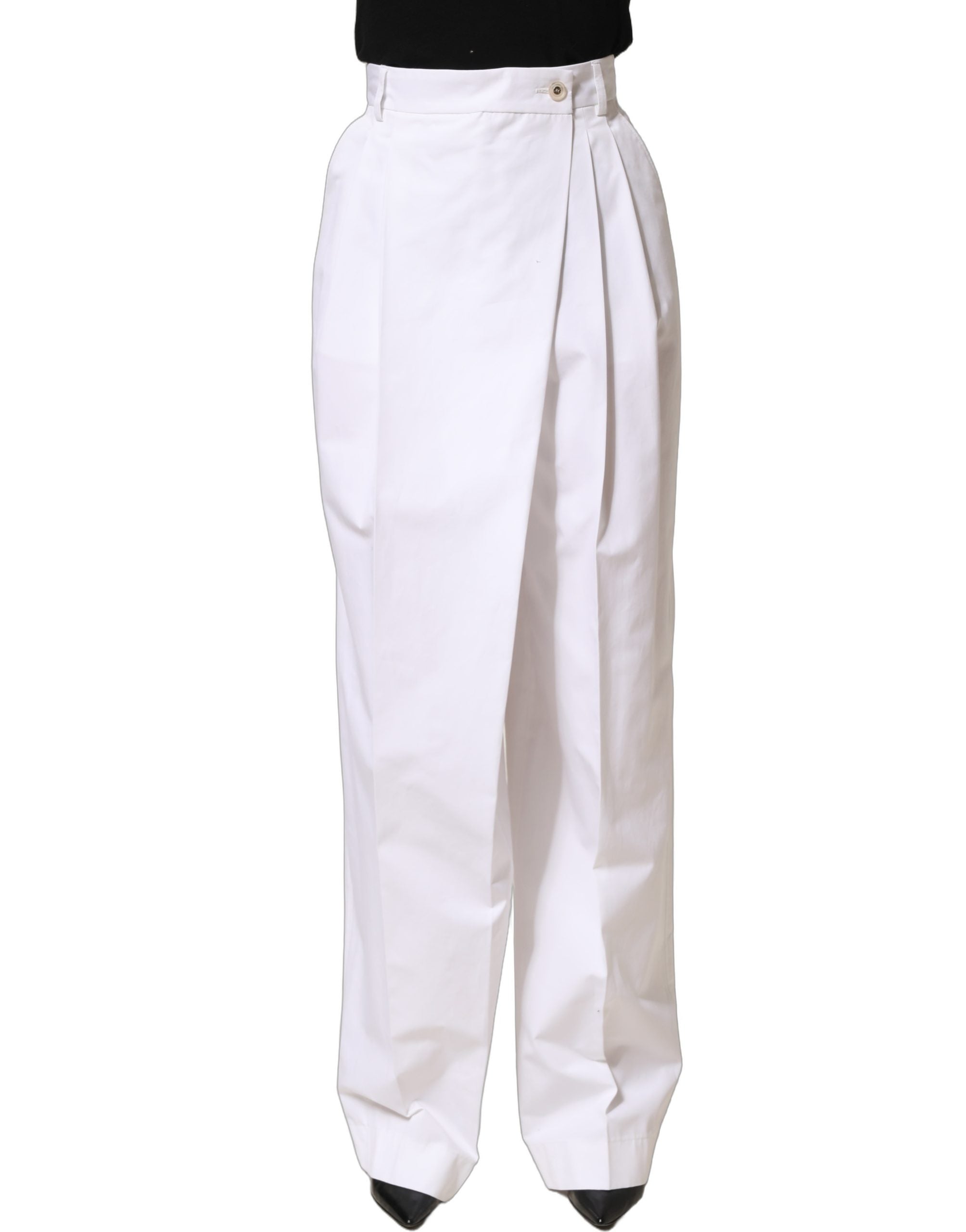 Dolce & Gabbana Weiße Baumwollhose mit hoher Taille, Falten und weitem Bein-1