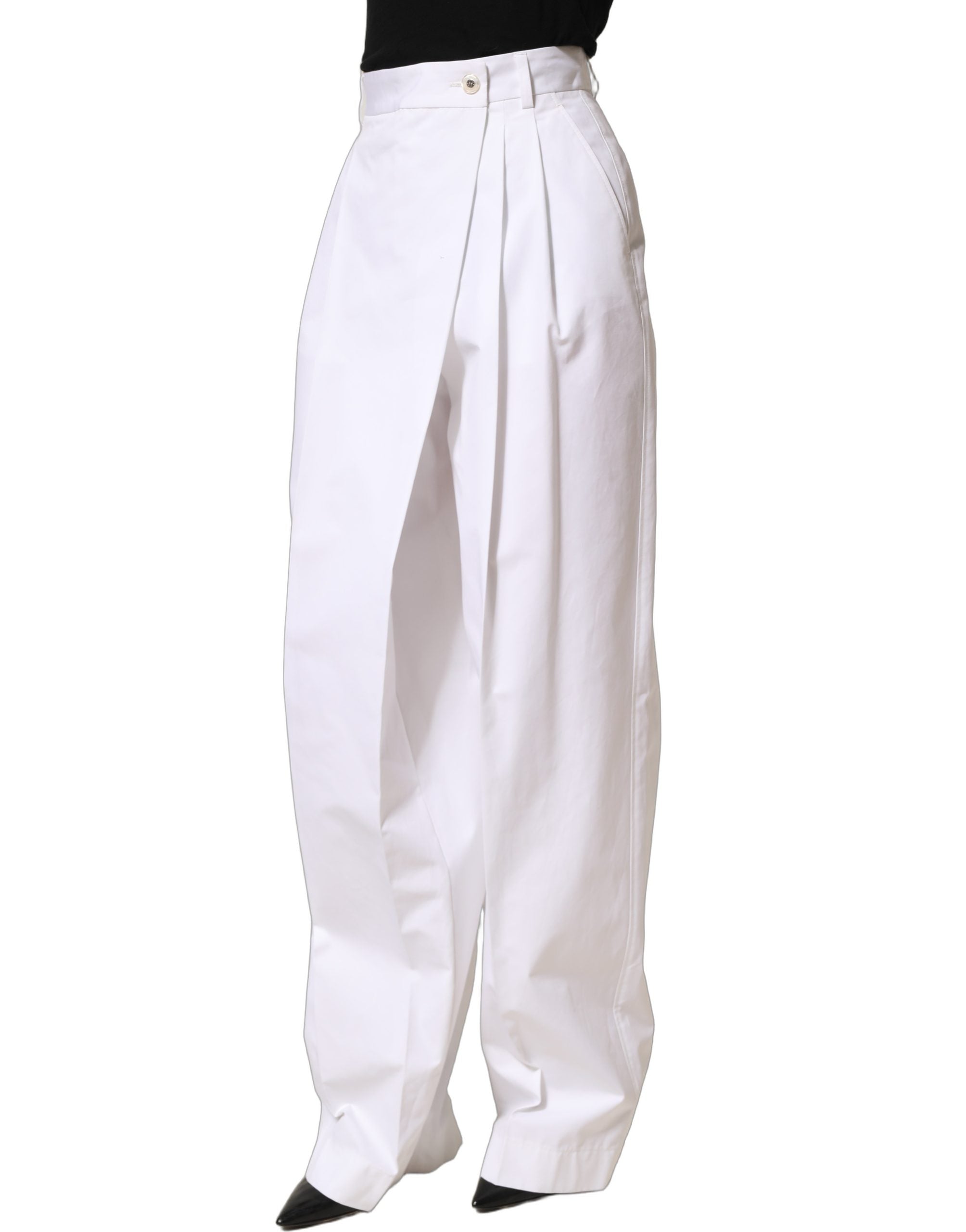 Dolce & Gabbana Weiße Baumwollhose mit hoher Taille, Falten und weitem Bein-3