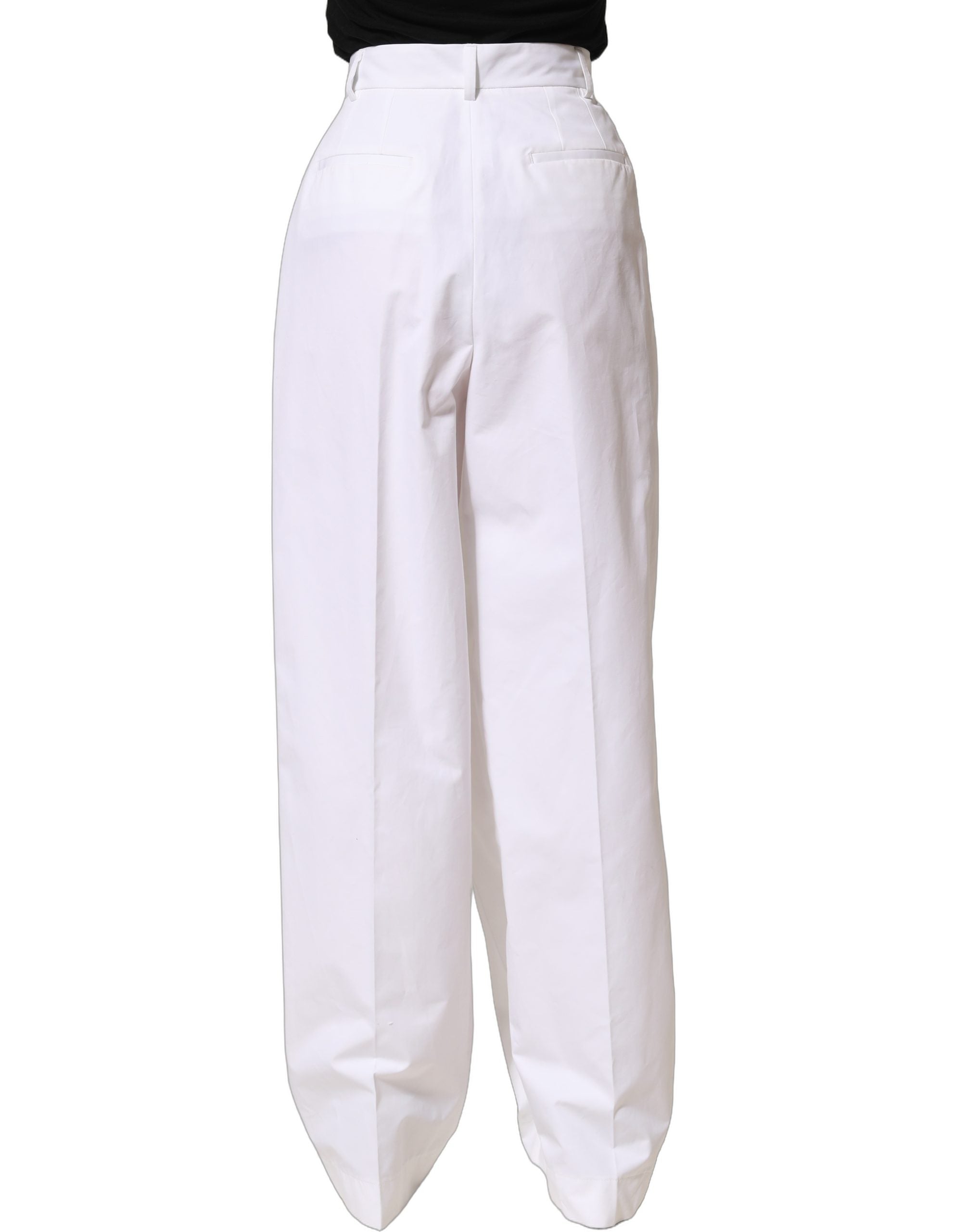 Dolce & Gabbana Weiße Baumwollhose mit hoher Taille, Falten und weitem Bein-4