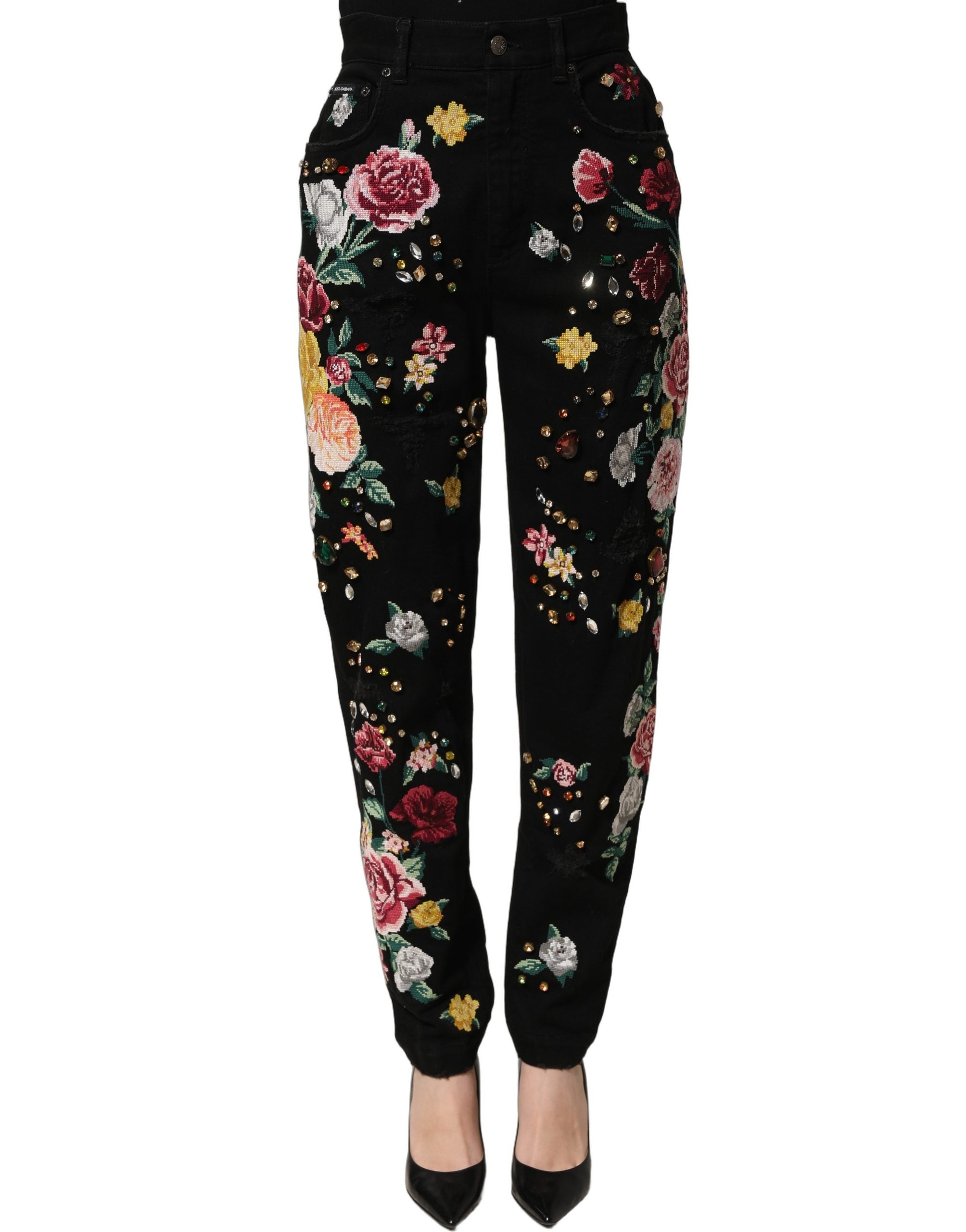 Dolce & Gabbana Schwarze Hose mit Blumenprint, hoher Taille und schmal zulaufendem Bein aus Baumwolle-4