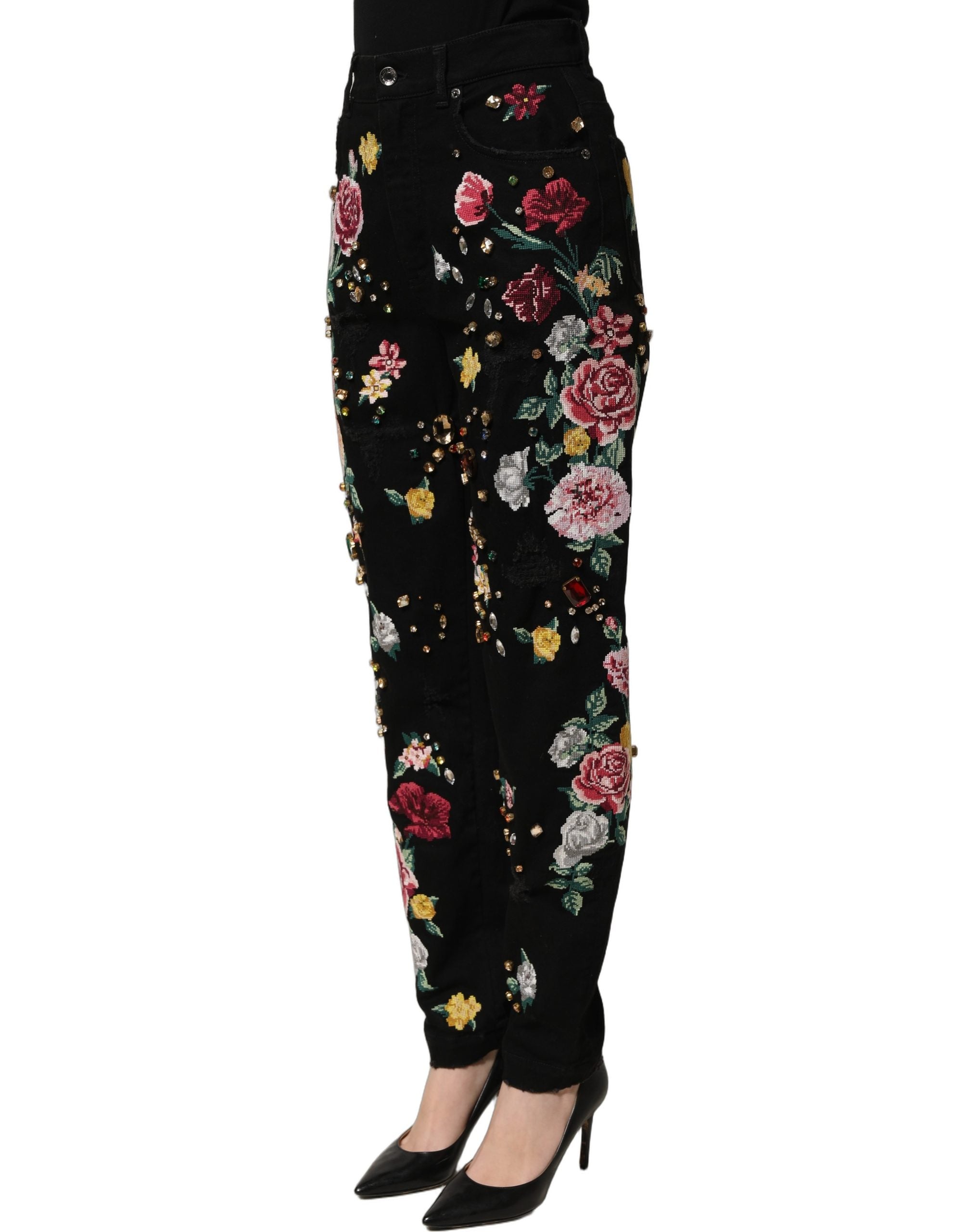 Dolce & Gabbana Schwarze Hose mit Blumenprint, hoher Taille und schmal zulaufendem Bein aus Baumwolle-6