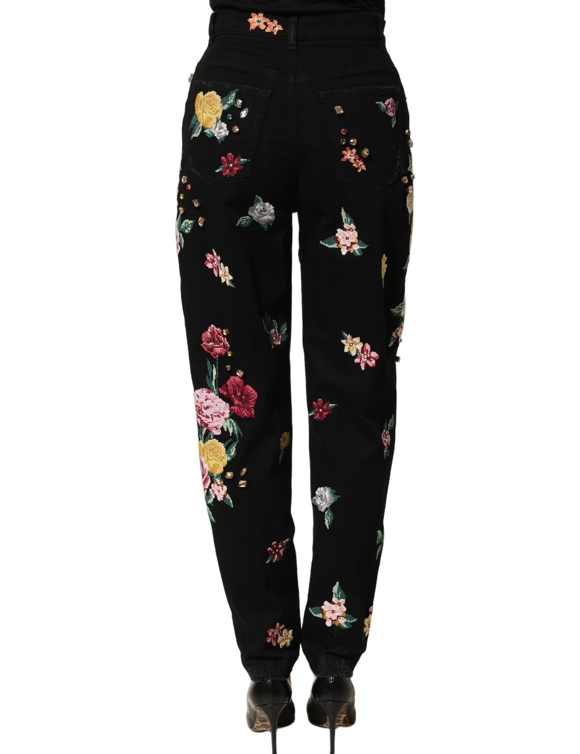 Dolce & Gabbana Schwarze Hose mit Blumenprint, hoher Taille und schmal zulaufendem Bein aus Baumwolle-7