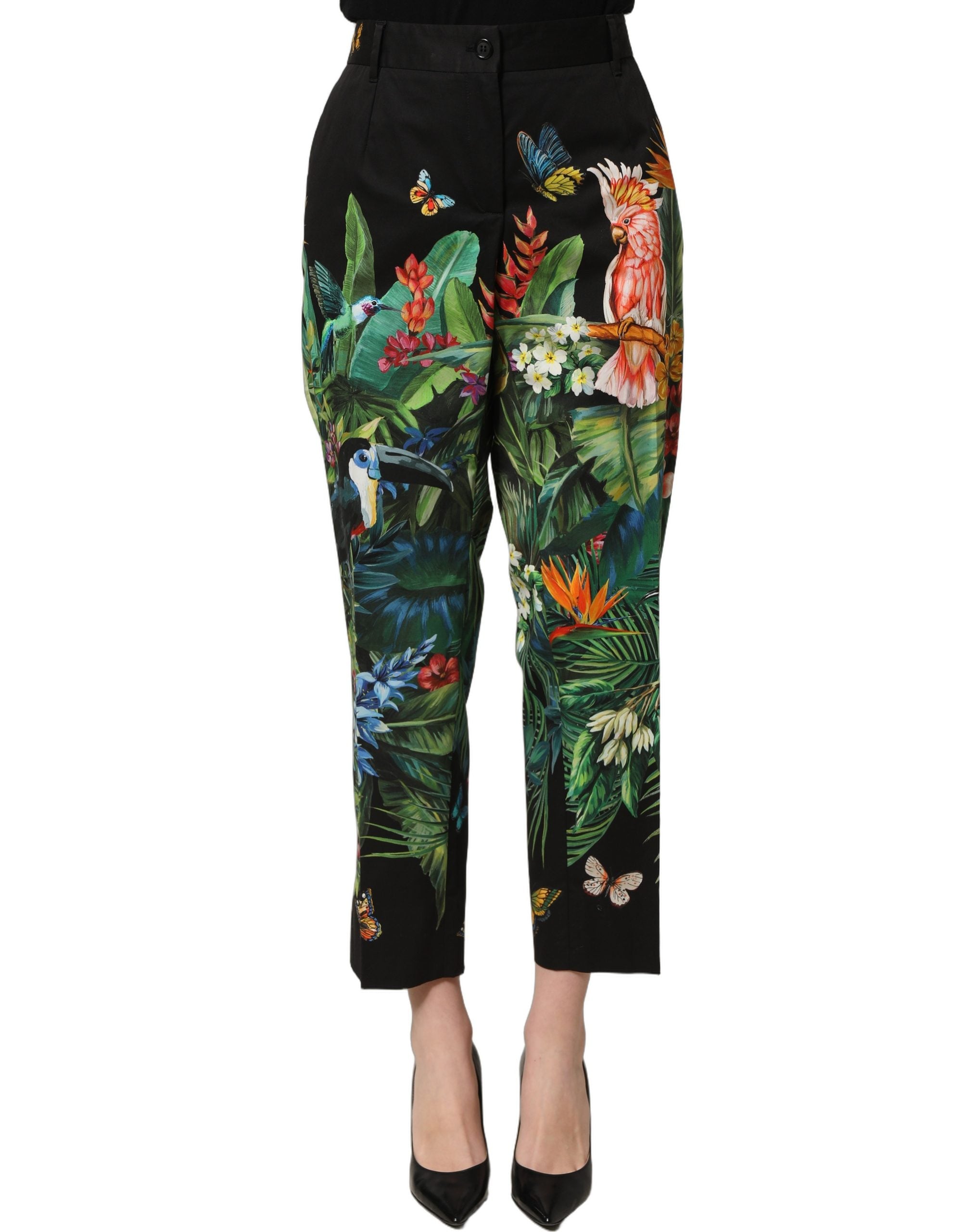 Dolce & Gabbana Schwarze Hose aus Baumwolle mit tropischem Print und hoher Taille-3