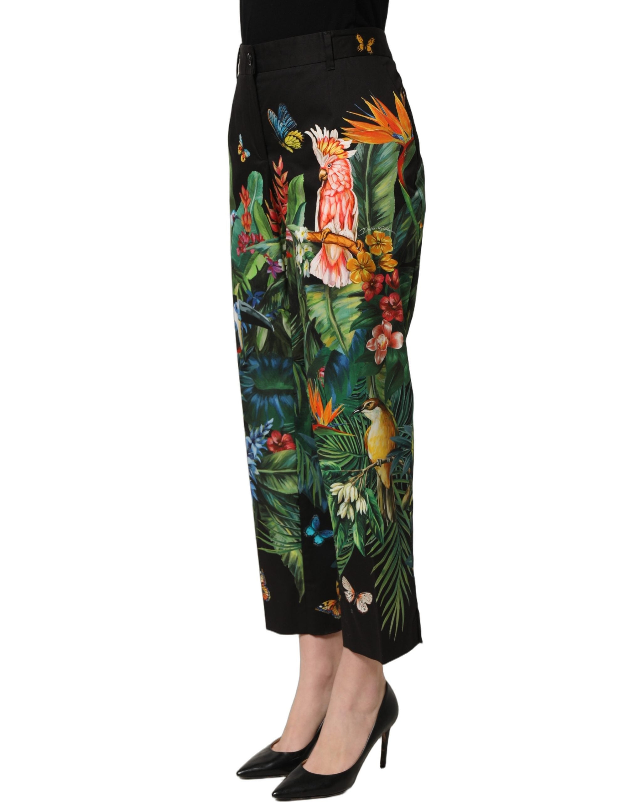 Dolce & Gabbana Schwarze Hose aus Baumwolle mit tropischem Print und hoher Taille-4