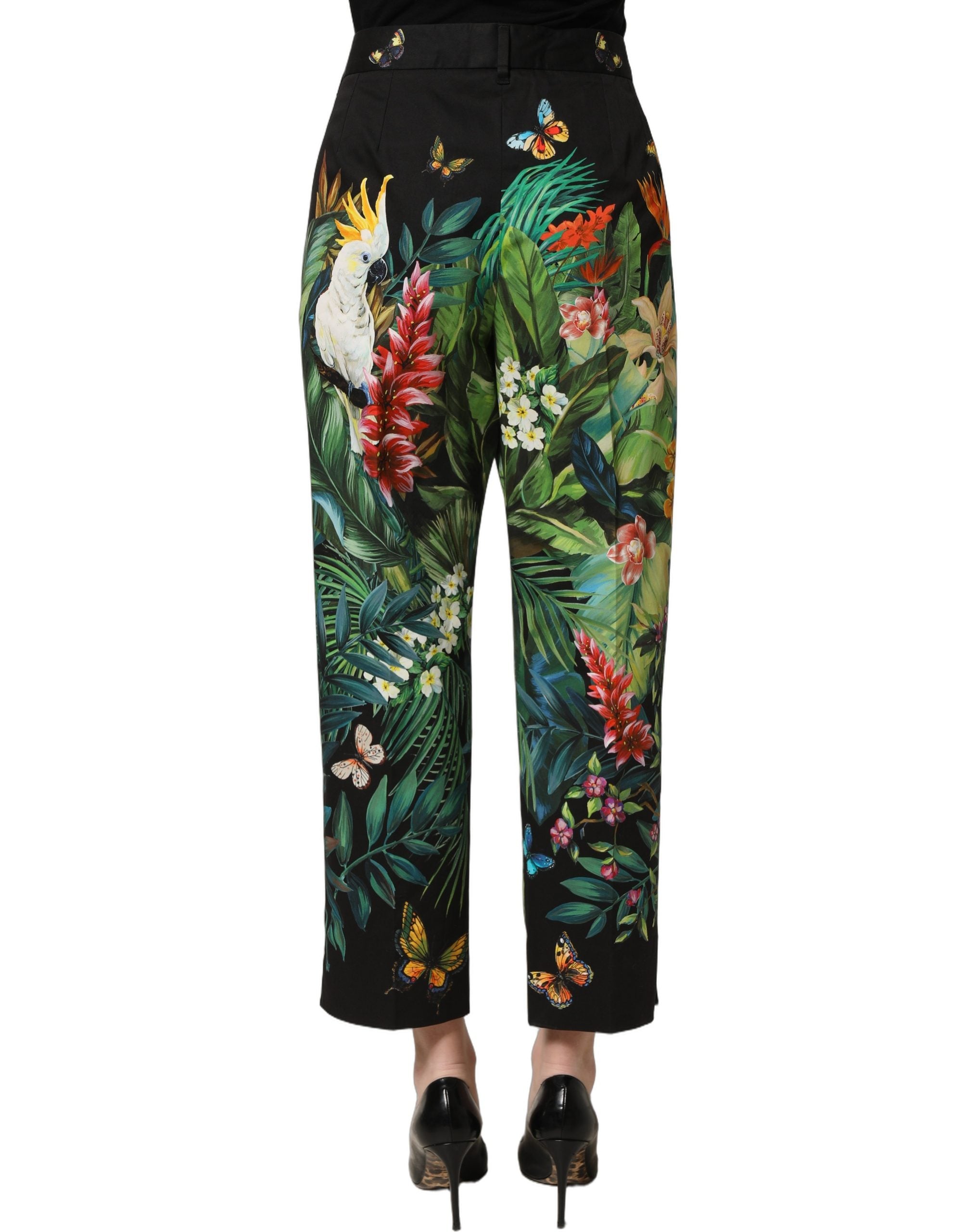 Dolce & Gabbana Schwarze Hose aus Baumwolle mit tropischem Print und hoher Taille-5