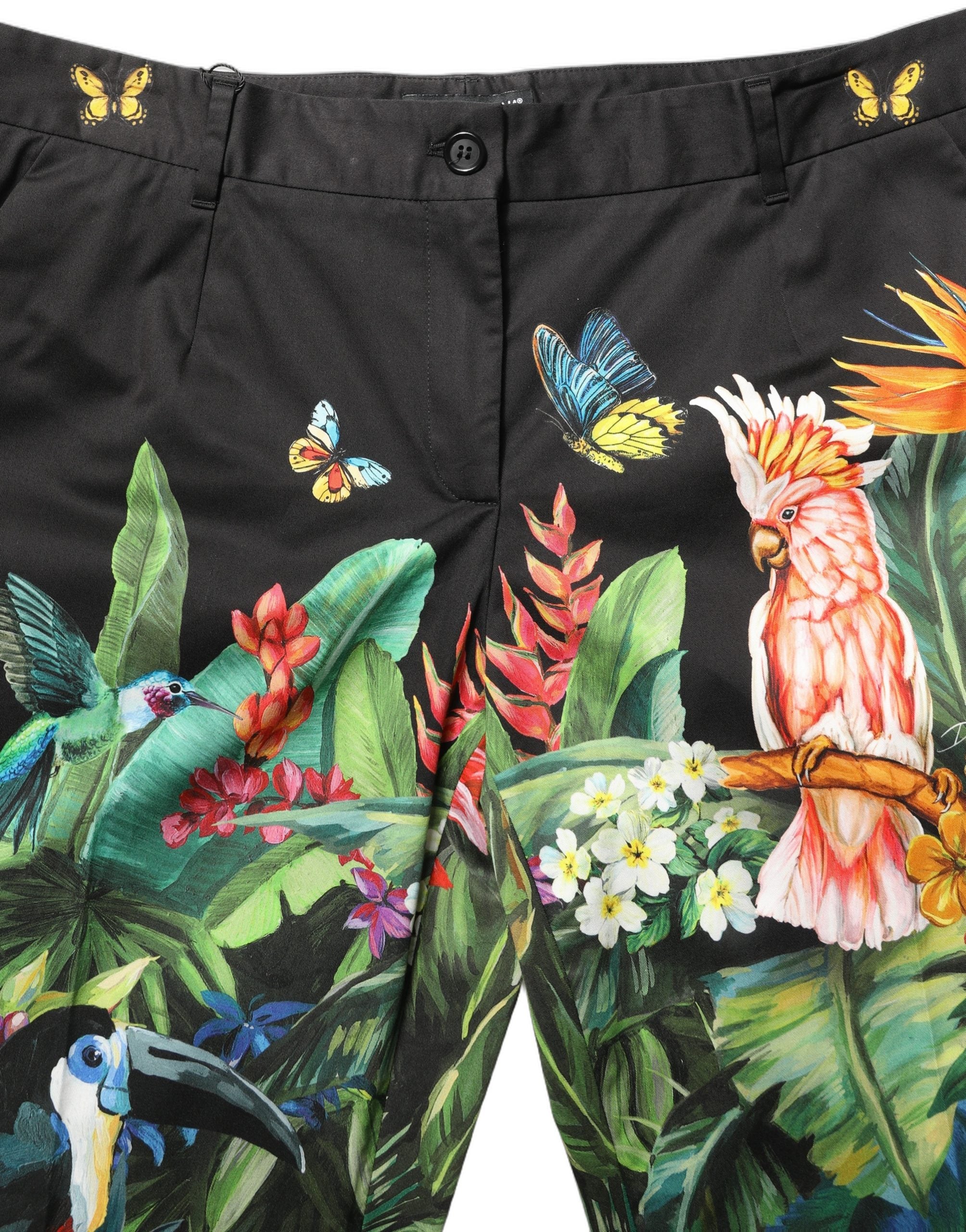 Dolce & Gabbana Schwarze Hose aus Baumwolle mit tropischem Print und hoher Taille-6