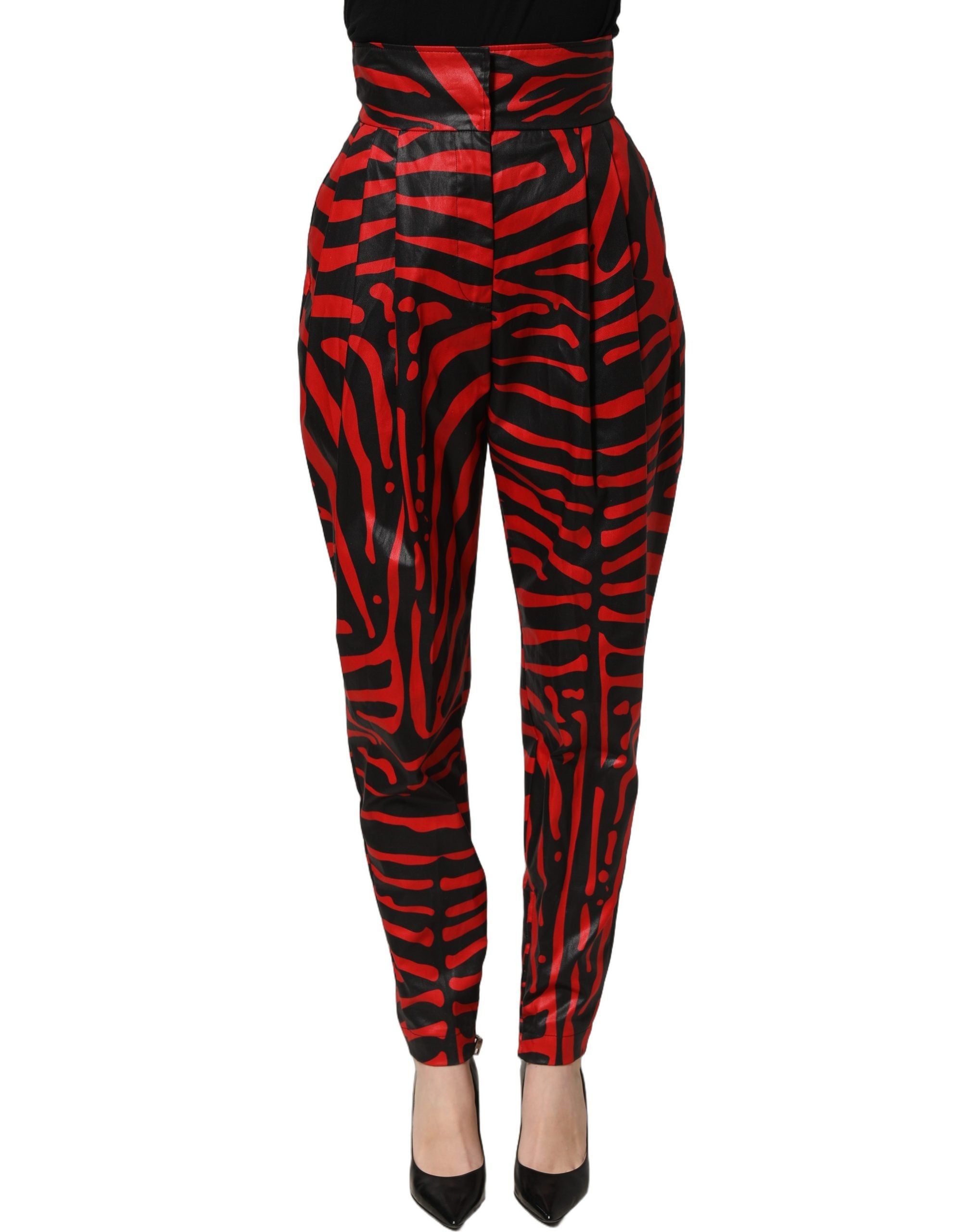 Dolce & Gabbana Rote und schwarze Zebra-Print-Hose aus Baumwolle mit hoher Taille-3