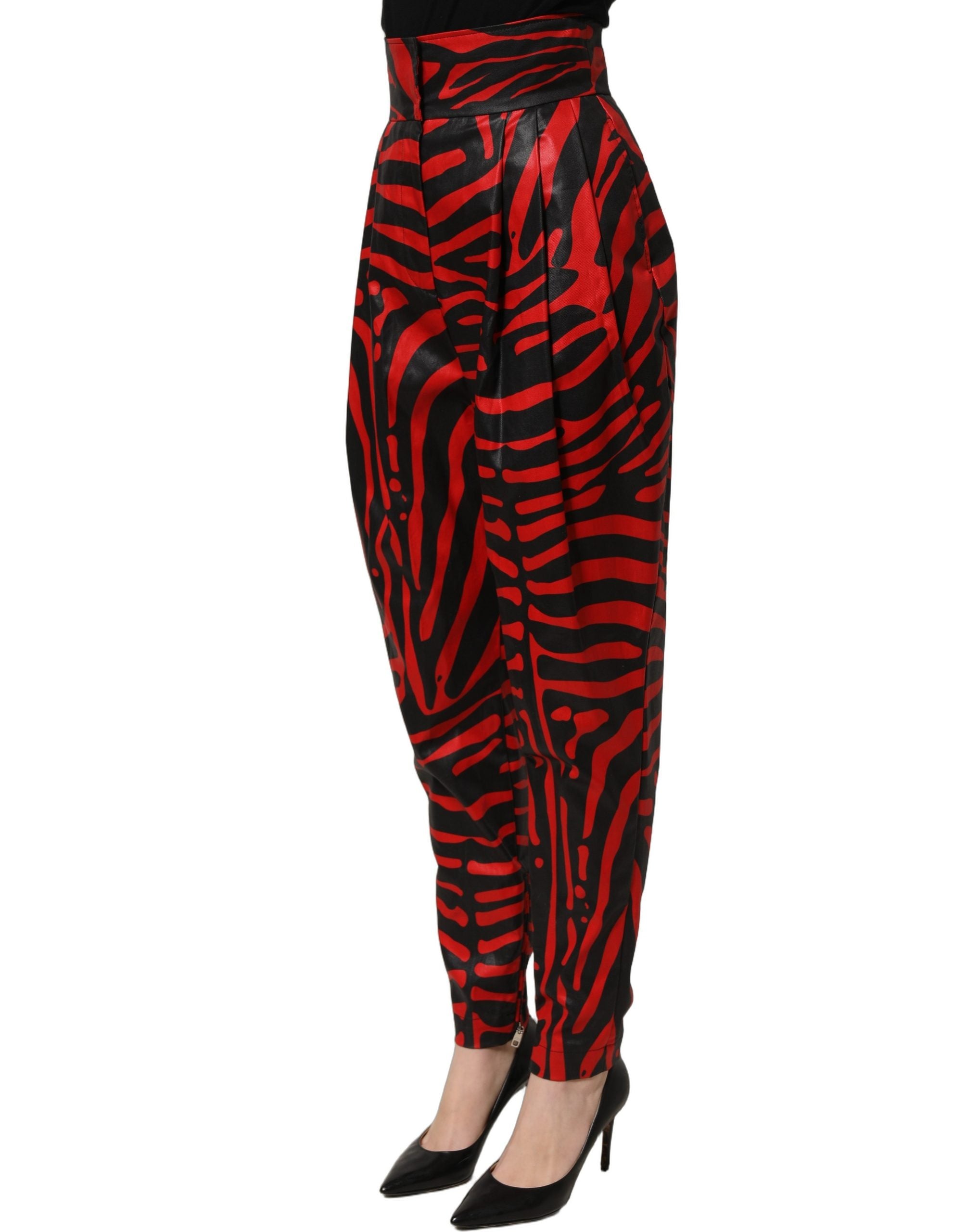 Dolce & Gabbana Rote und schwarze Zebra-Print-Hose aus Baumwolle mit hoher Taille-4