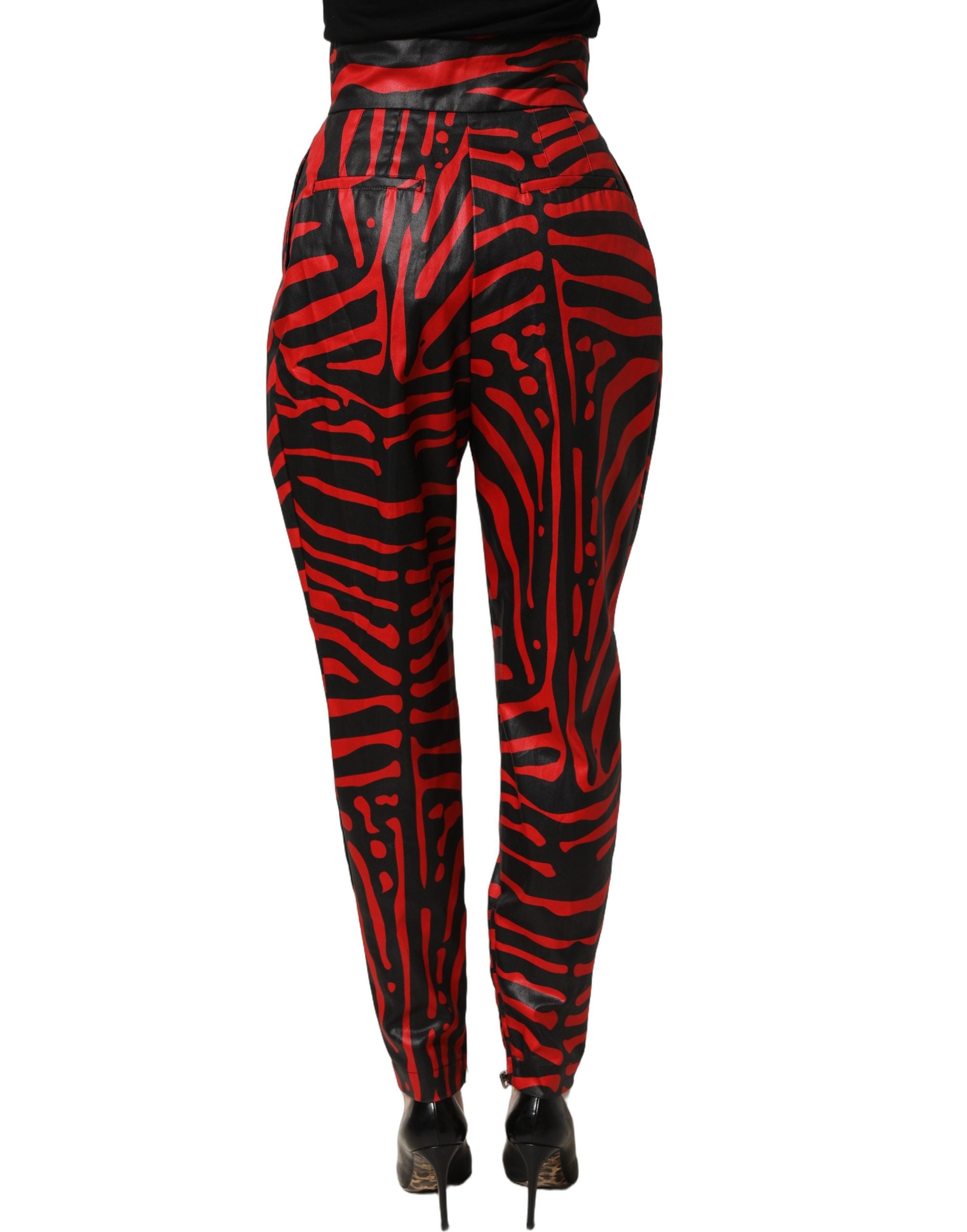 Dolce & Gabbana Rote und schwarze Zebra-Print-Hose aus Baumwolle mit hoher Taille-5
