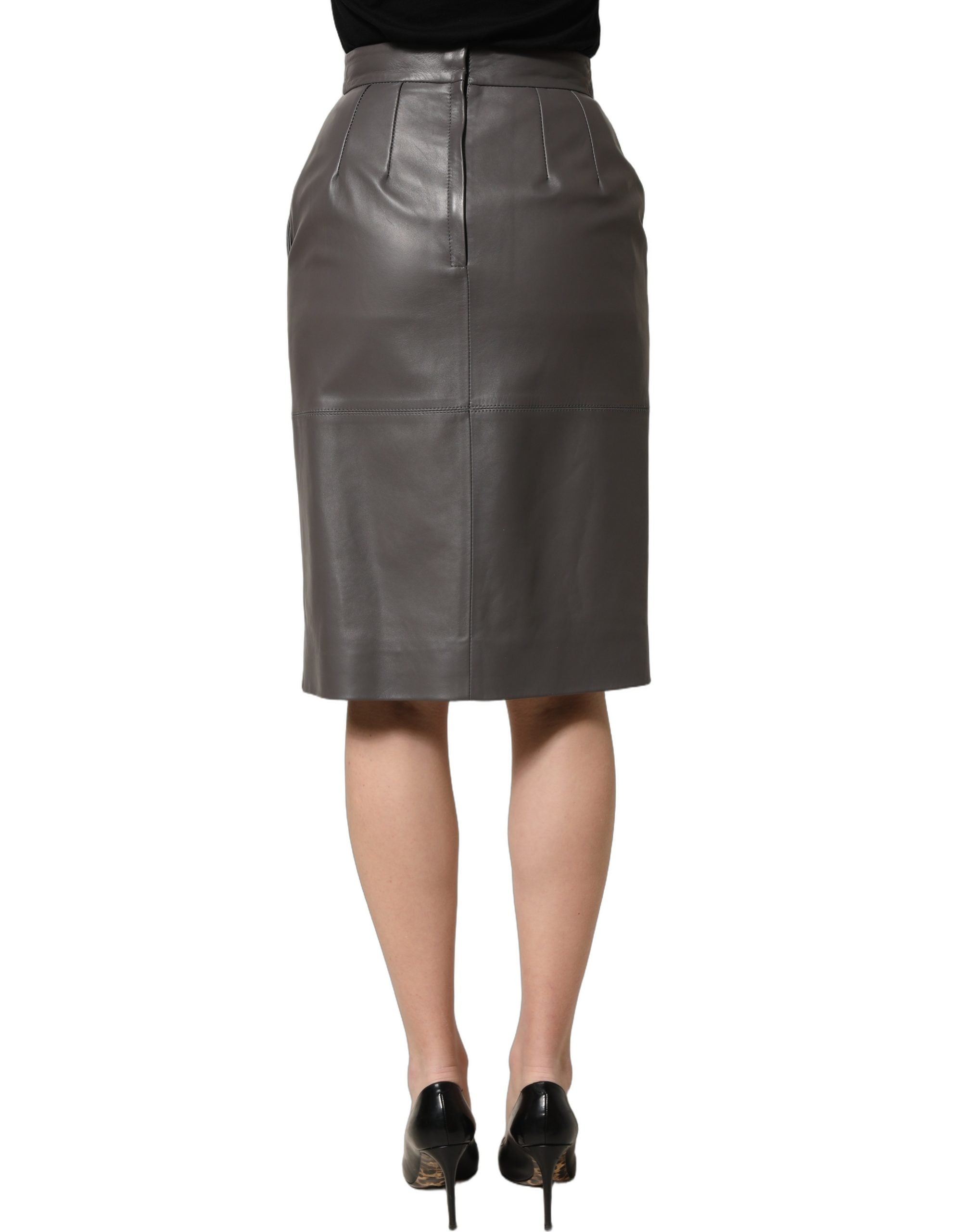Dolce & Gabbana Grauer Bleistiftrock aus Leder mit hoher Taille und Midi-Länge-5