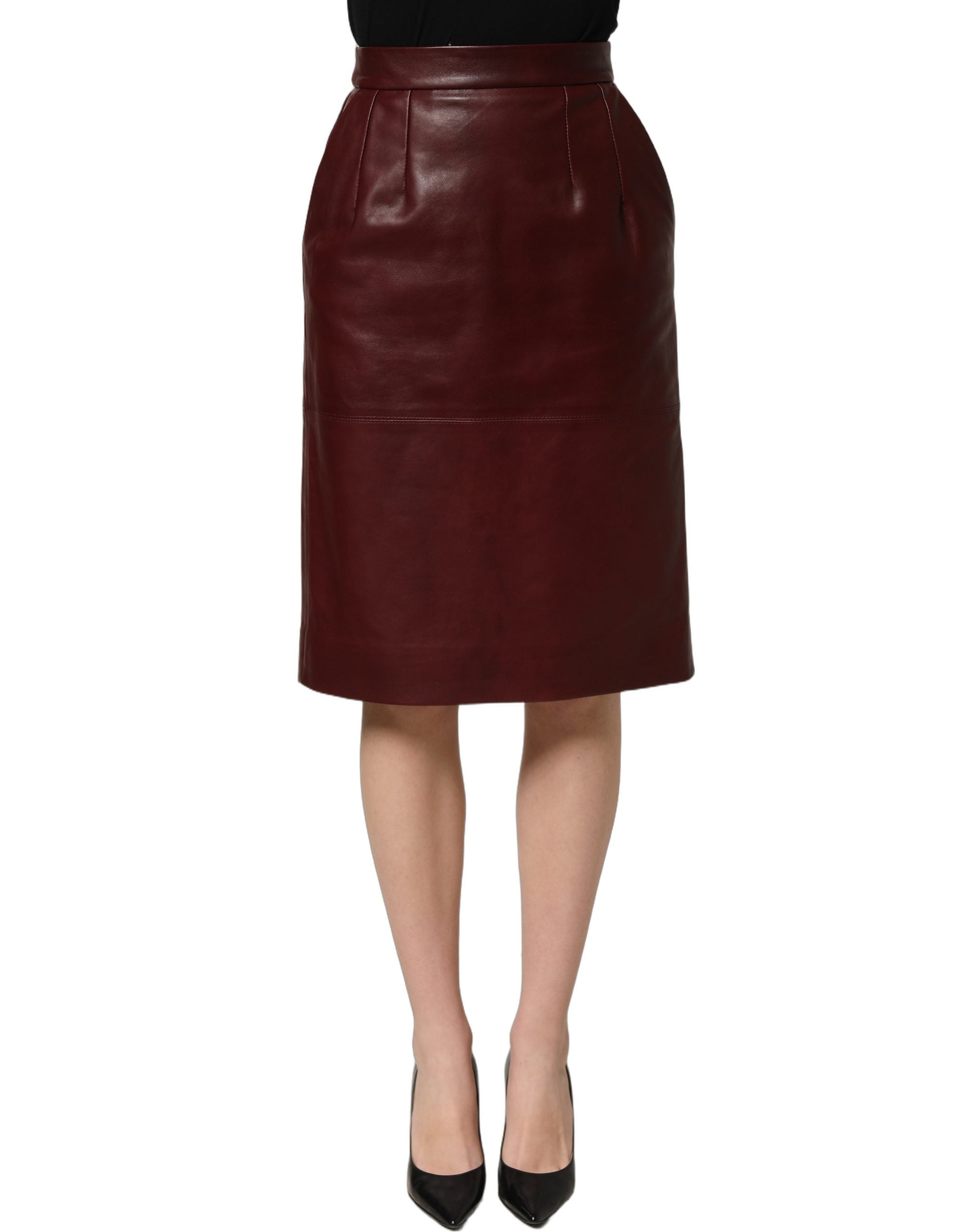 Dolce & Gabbana Bleistift-Midi-Rock aus burgunderfarbenem Leder mit hoher Taille-2