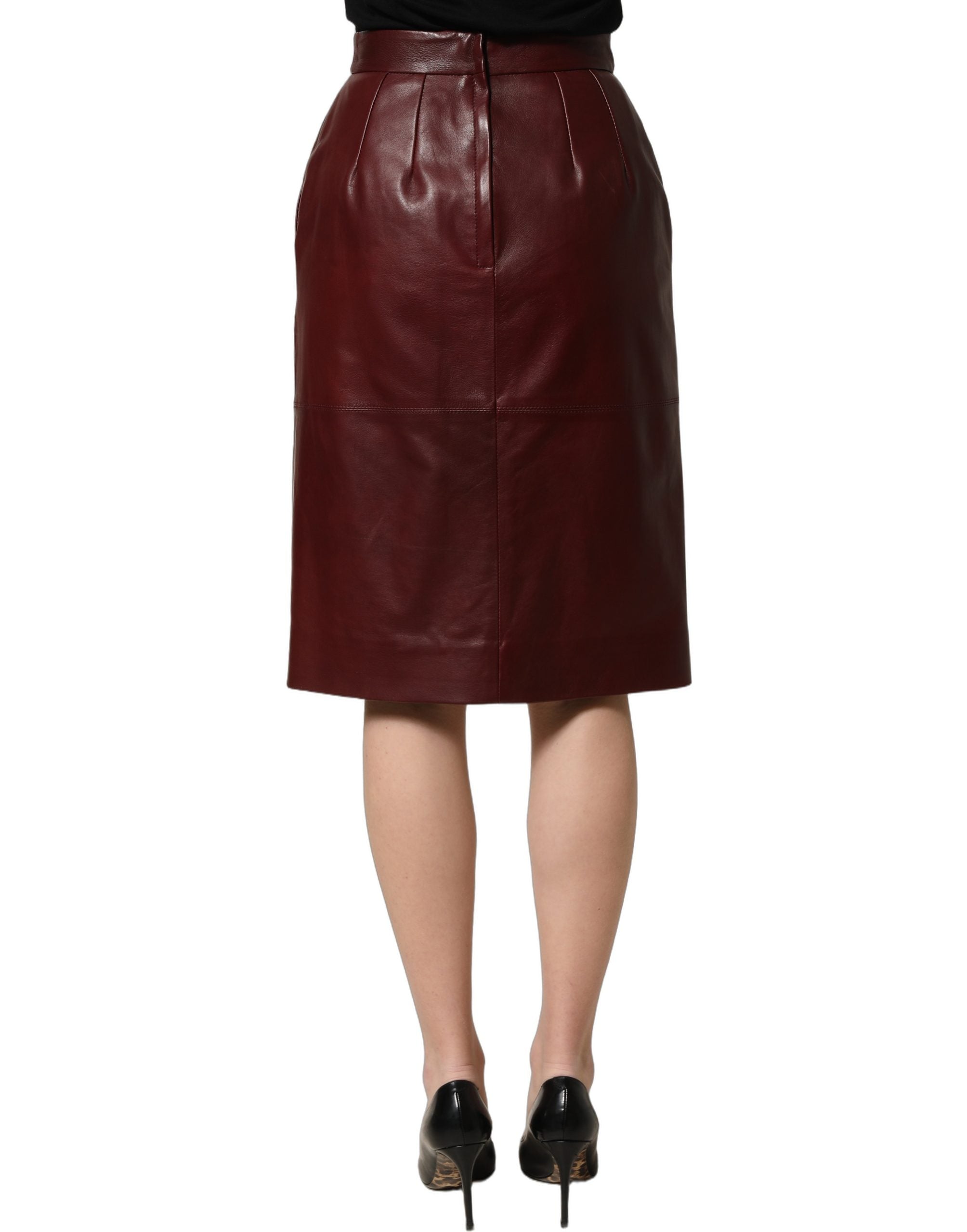 Dolce & Gabbana Bleistift-Midi-Rock aus burgunderfarbenem Leder mit hoher Taille-4