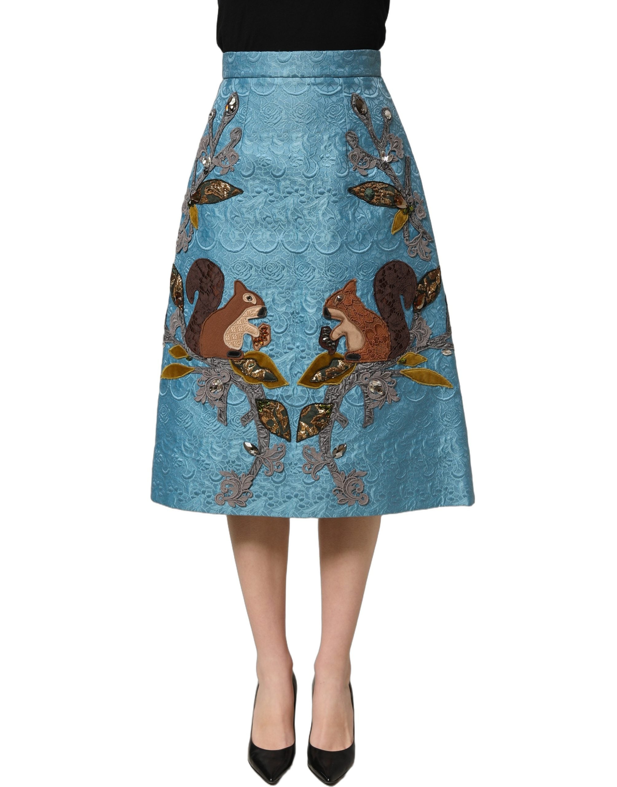 Dolce & Gabbana Blaue Jacquard-Midi-Rock mit Stickerei in A-Linie-3