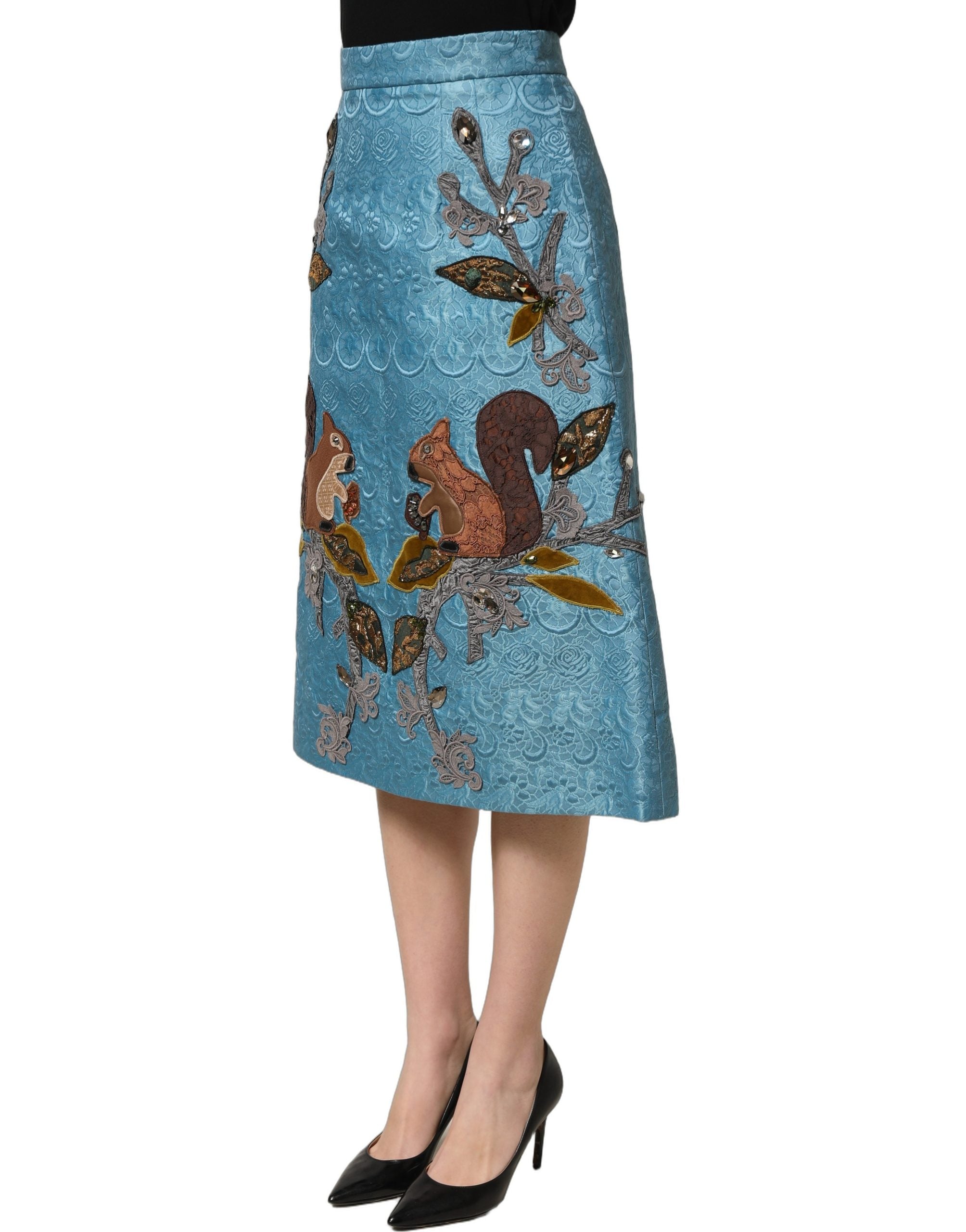 Dolce & Gabbana Blaue Jacquard-Midi-Rock mit Stickerei in A-Linie-4