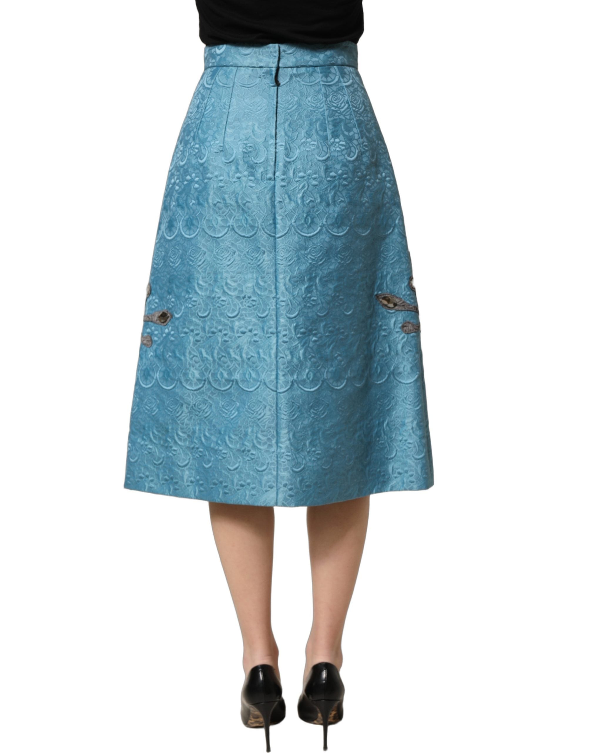 Dolce & Gabbana Blaue Jacquard-Midi-Rock mit Stickerei in A-Linie-5