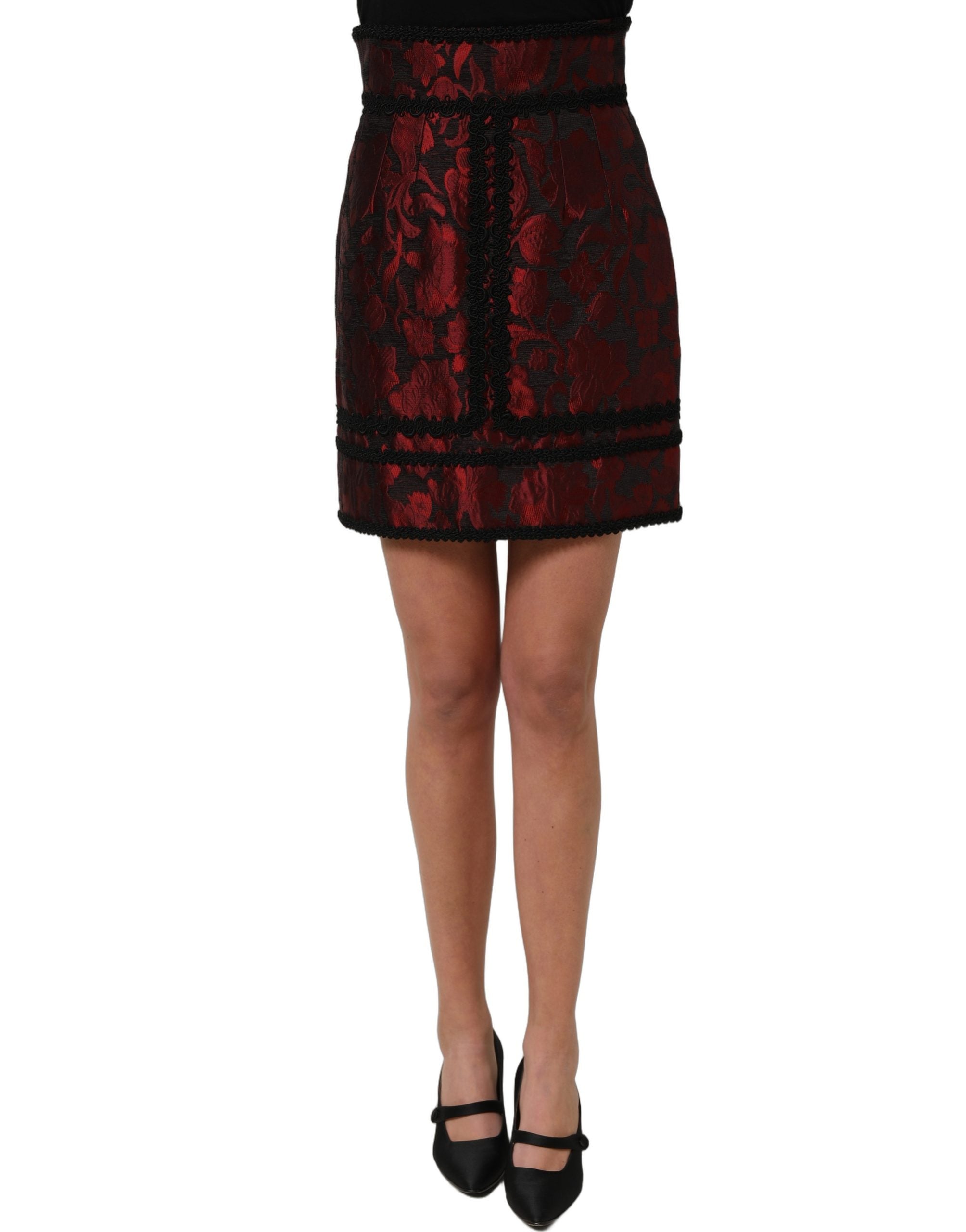 Dolce & Gabbana Minirock aus rotem und schwarzem Blumen-Jacquard mit Spitze-2