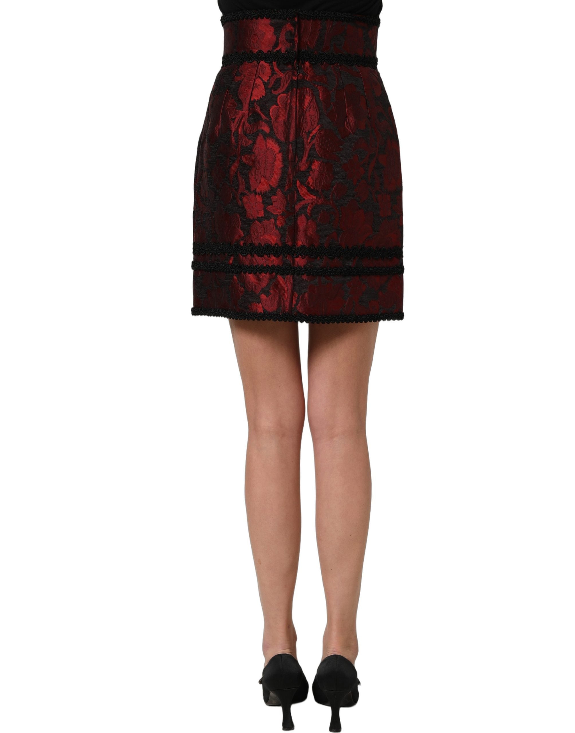 Dolce & Gabbana Minirock aus rotem und schwarzem Blumen-Jacquard mit Spitze-5