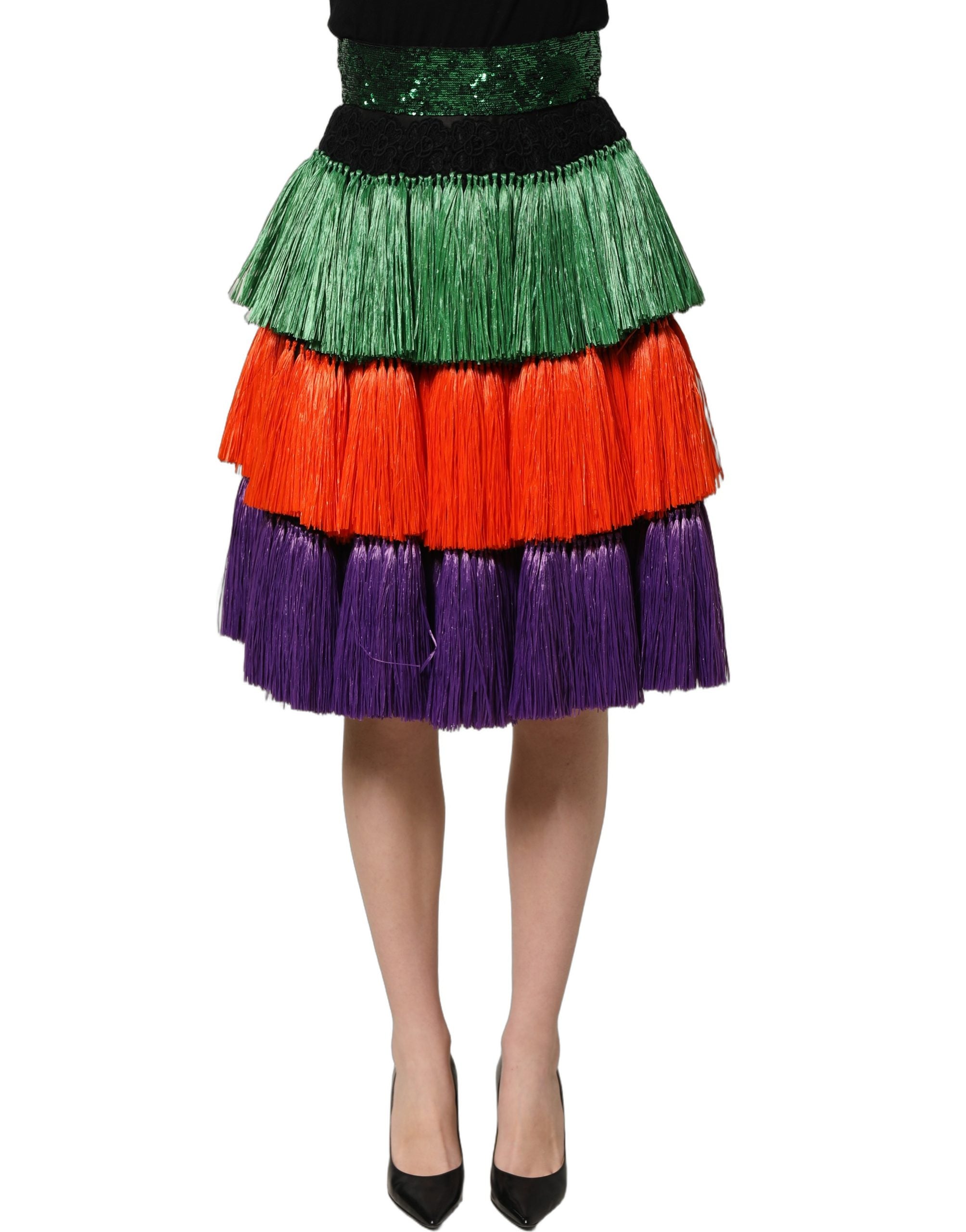 Dolce & Gabbana Rock mit Fransen, hoher Taille und knielangem Schnitt in Multicolor-2
