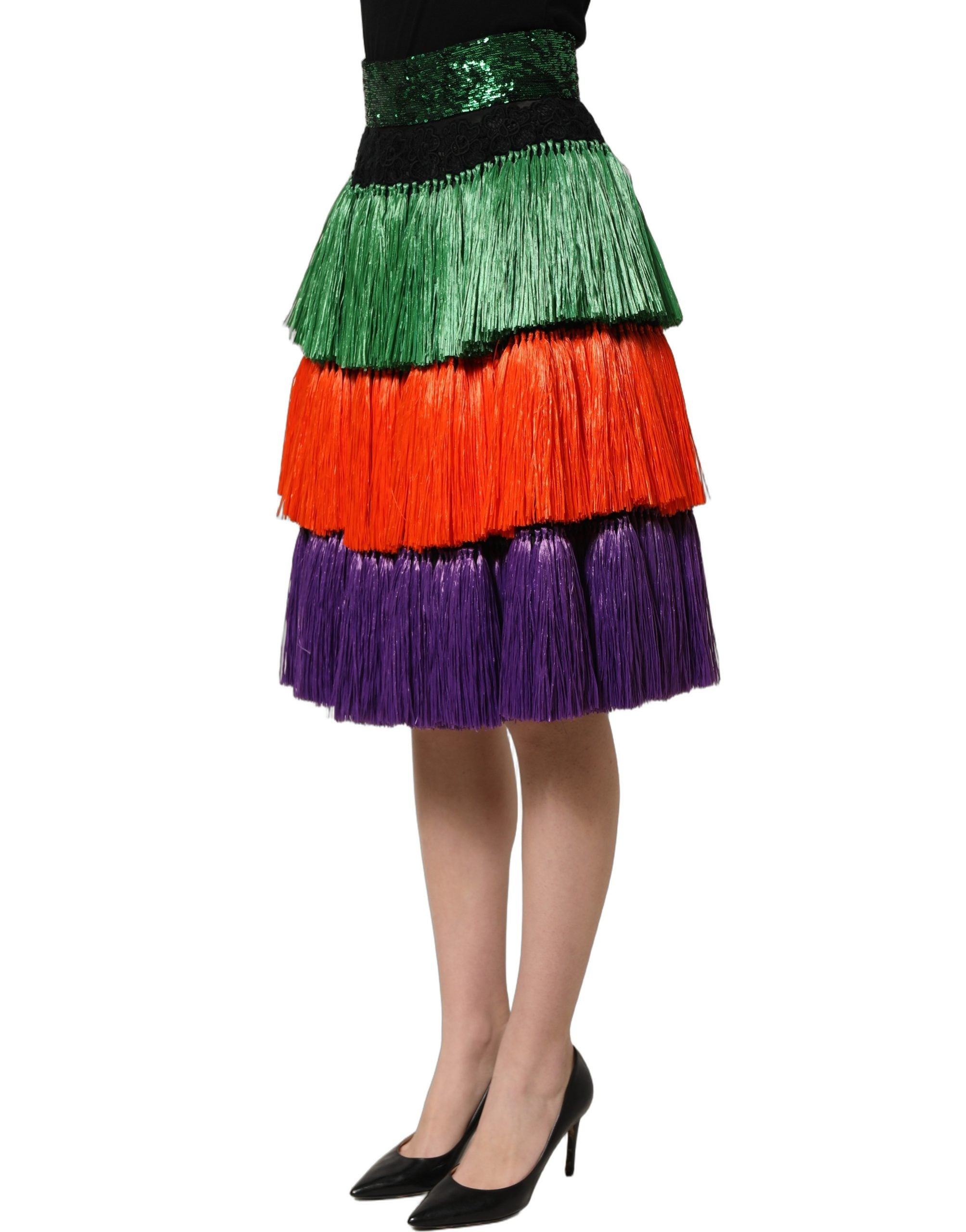 Dolce & Gabbana Rock mit Fransen, hoher Taille und knielangem Schnitt in Multicolor-3