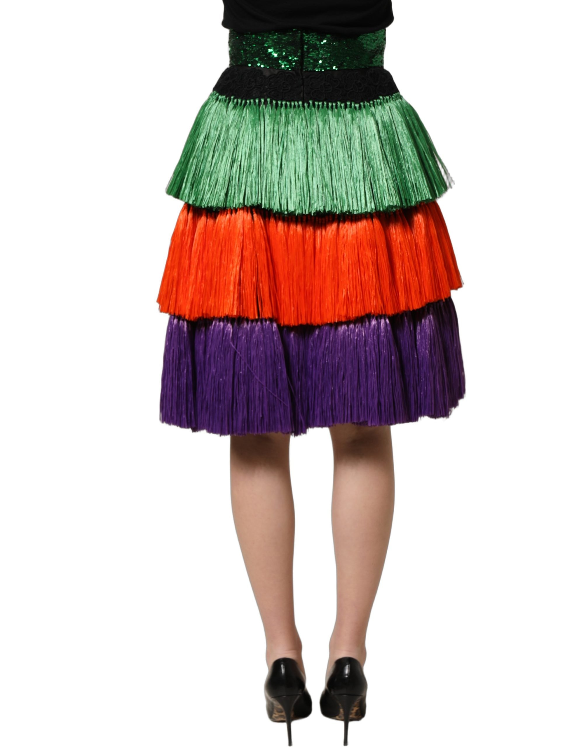 Dolce & Gabbana Rock mit Fransen, hoher Taille und knielangem Schnitt in Multicolor-4