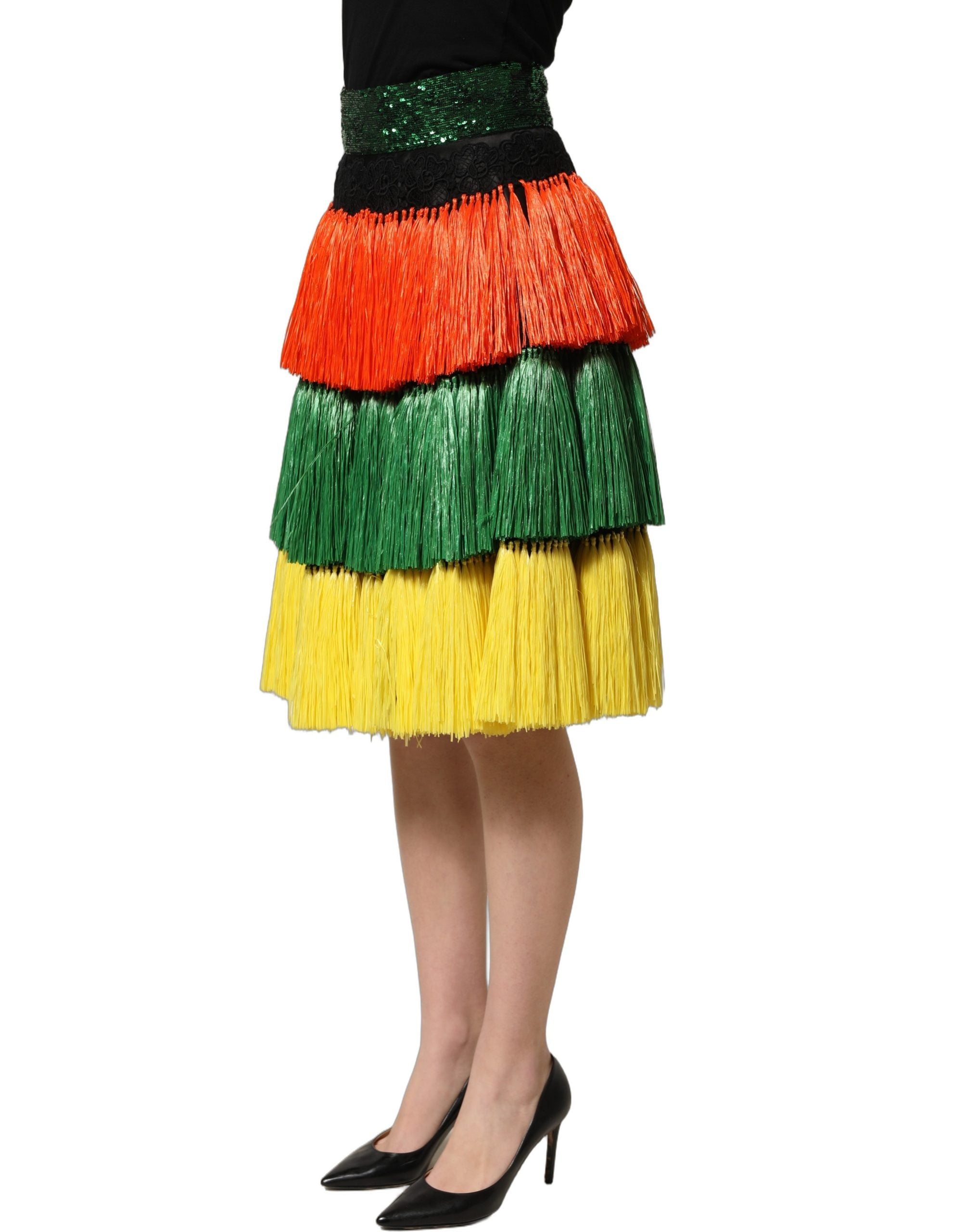 Dolce & Gabbana Mehrfarbiger Paillettenrock mit Fransen und hoher Taille, knielang-1