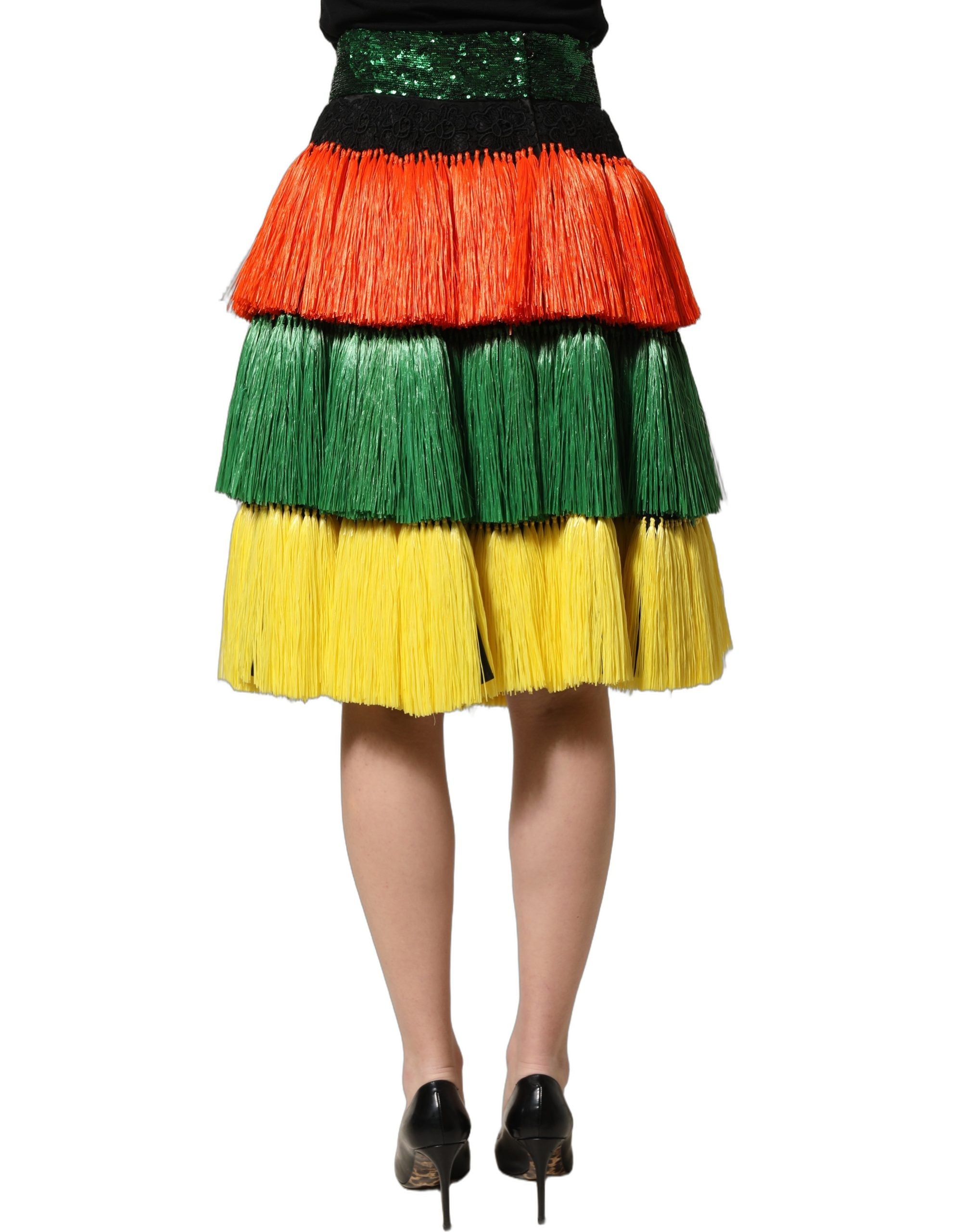 Dolce & Gabbana Mehrfarbiger Paillettenrock mit Fransen und hoher Taille, knielang-2