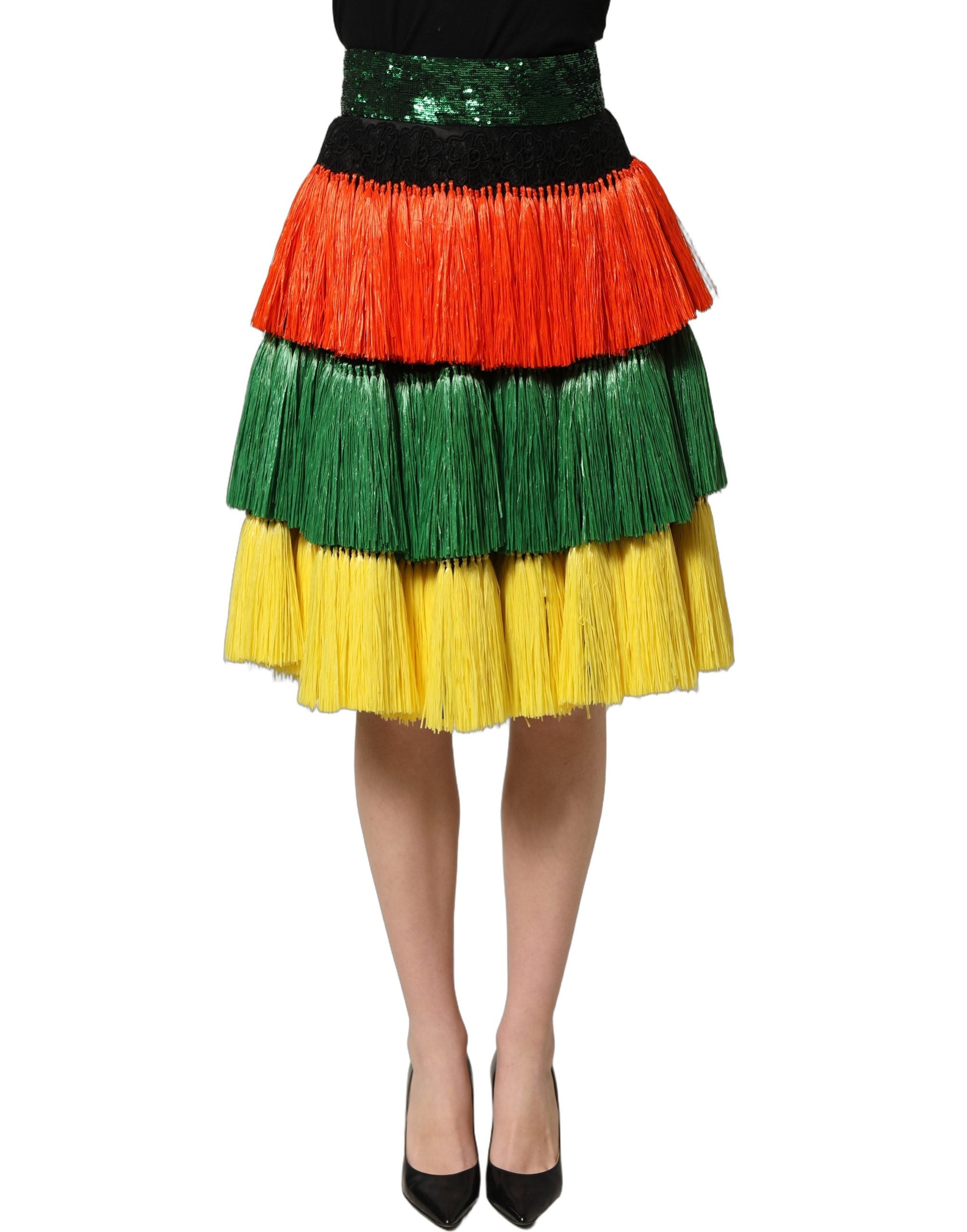 Dolce & Gabbana Mehrfarbiger Paillettenrock mit Fransen und hoher Taille, knielang-4