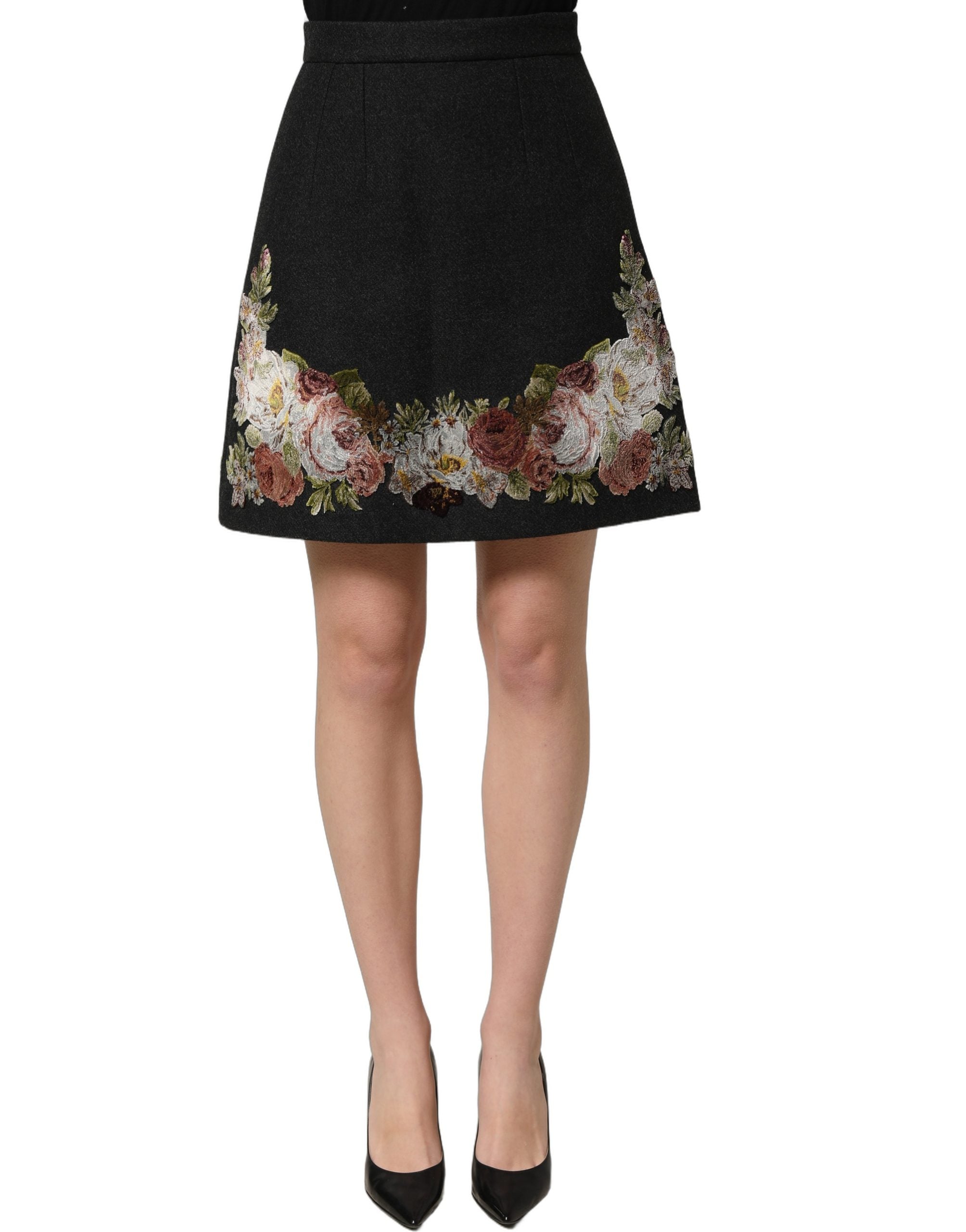 Dolce & Gabbana Schwarzer A-Linien-Rock mit Blumen-Makramee und hoher Taille-2