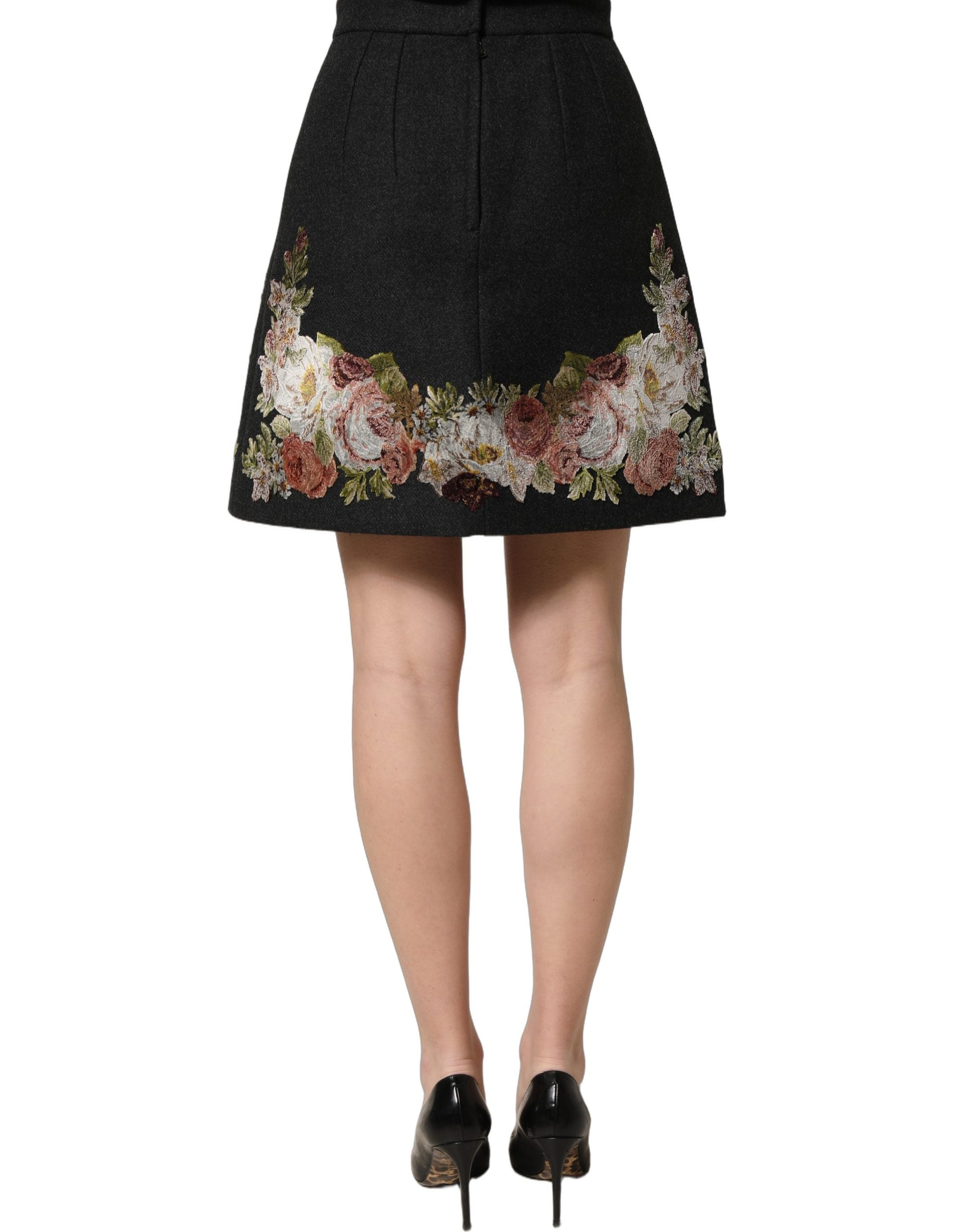 Dolce & Gabbana Schwarzer A-Linien-Rock mit Blumen-Makramee und hoher Taille-5