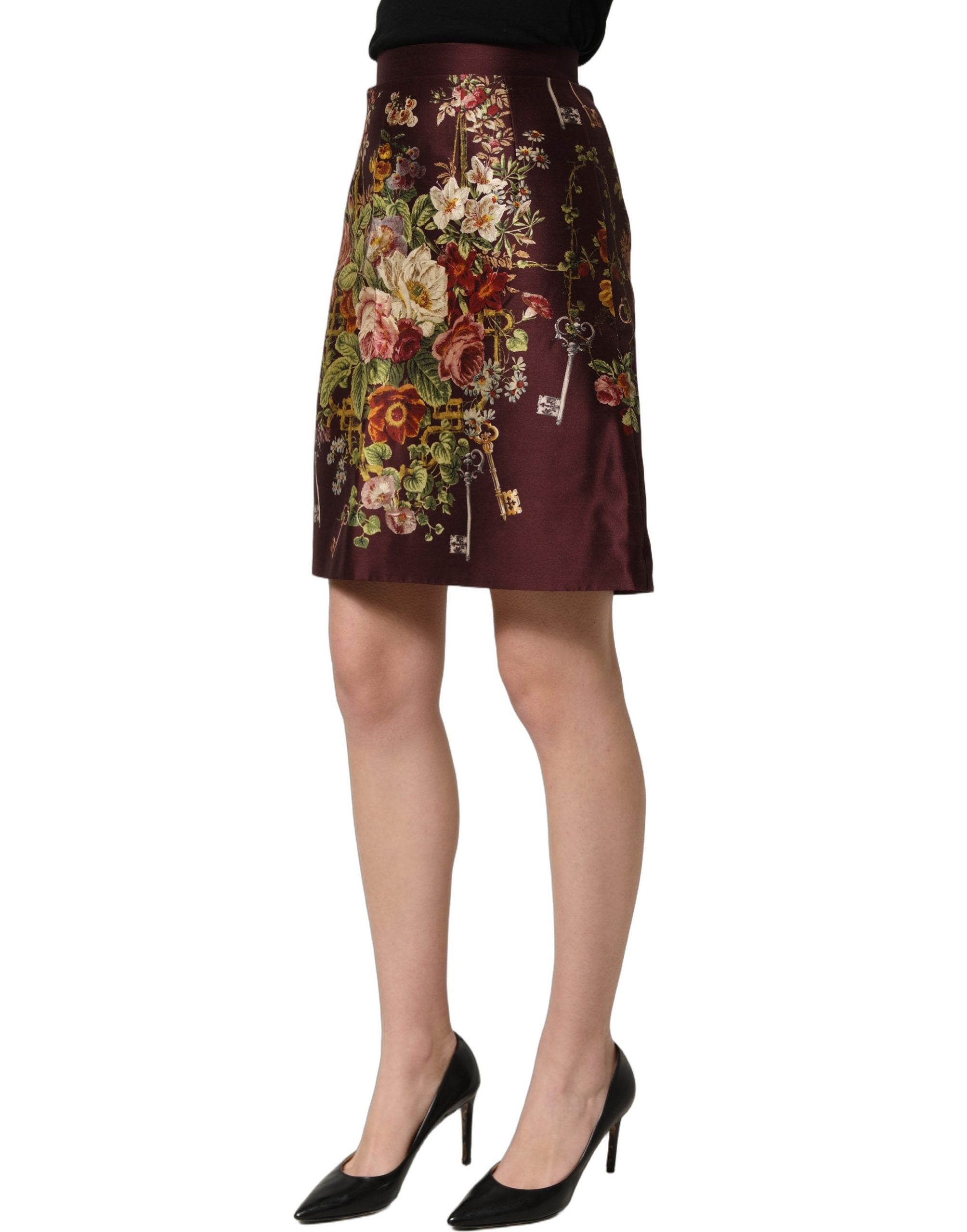 Dolce & Gabbana Minirock mit hoher Taille und A-Linie in Burgunderrot mit Blumenmuster-4