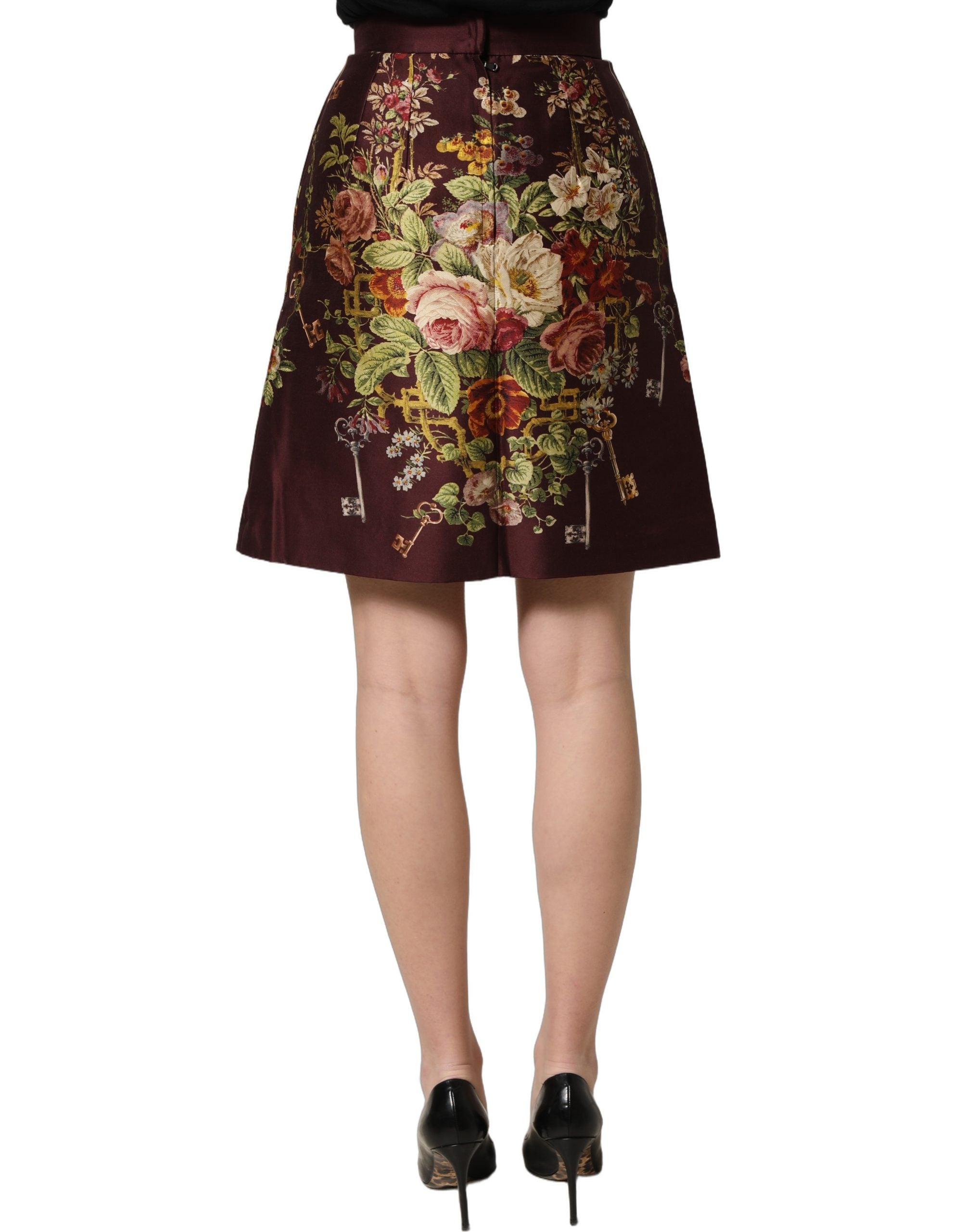 Dolce & Gabbana Minirock mit hoher Taille und A-Linie in Burgunderrot mit Blumenmuster-5