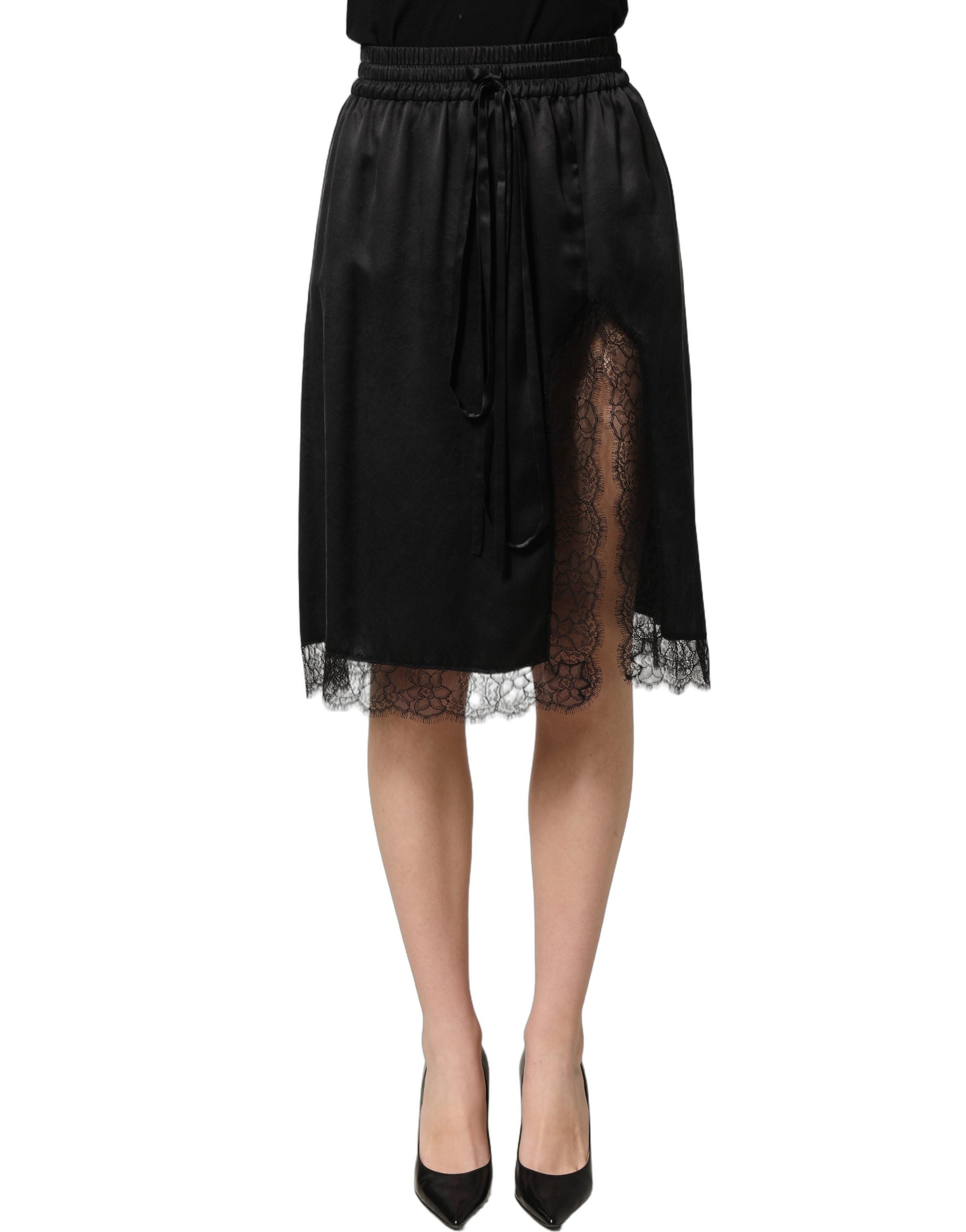 Dolce & Gabbana Schwarzer Satinrock mit Spitzendetails und seitlichem Schlitz-2