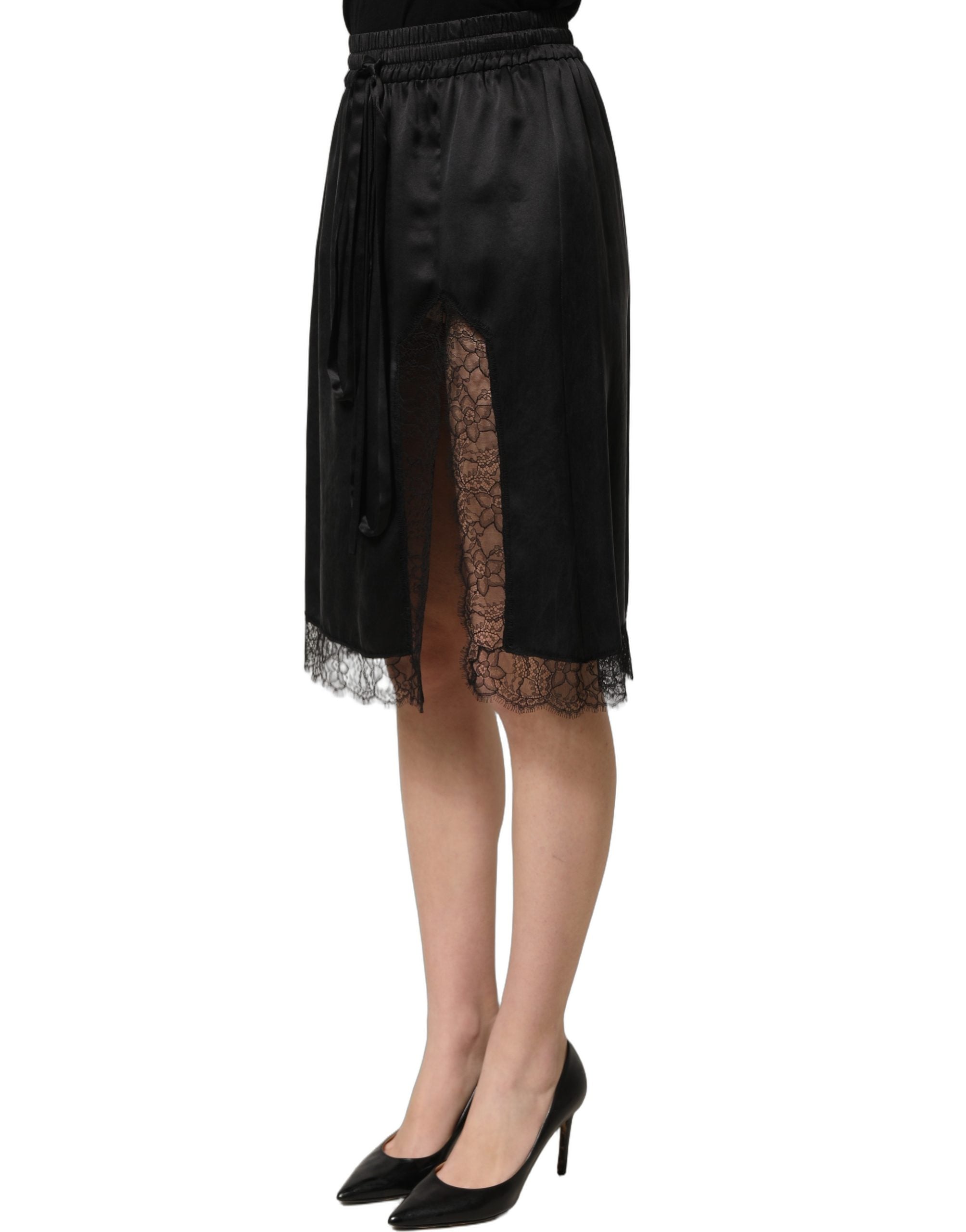 Dolce & Gabbana Schwarzer Satinrock mit Spitzendetails und seitlichem Schlitz-4