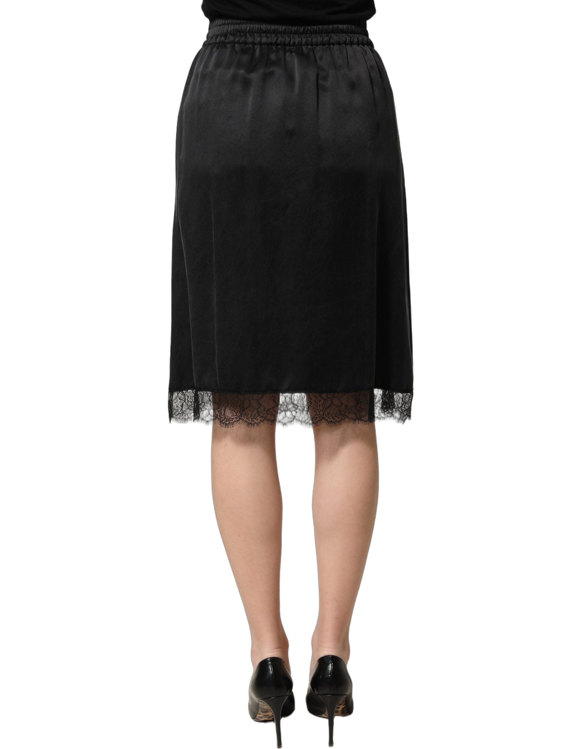 Dolce & Gabbana Schwarzer Satinrock mit Spitzendetails und seitlichem Schlitz-5