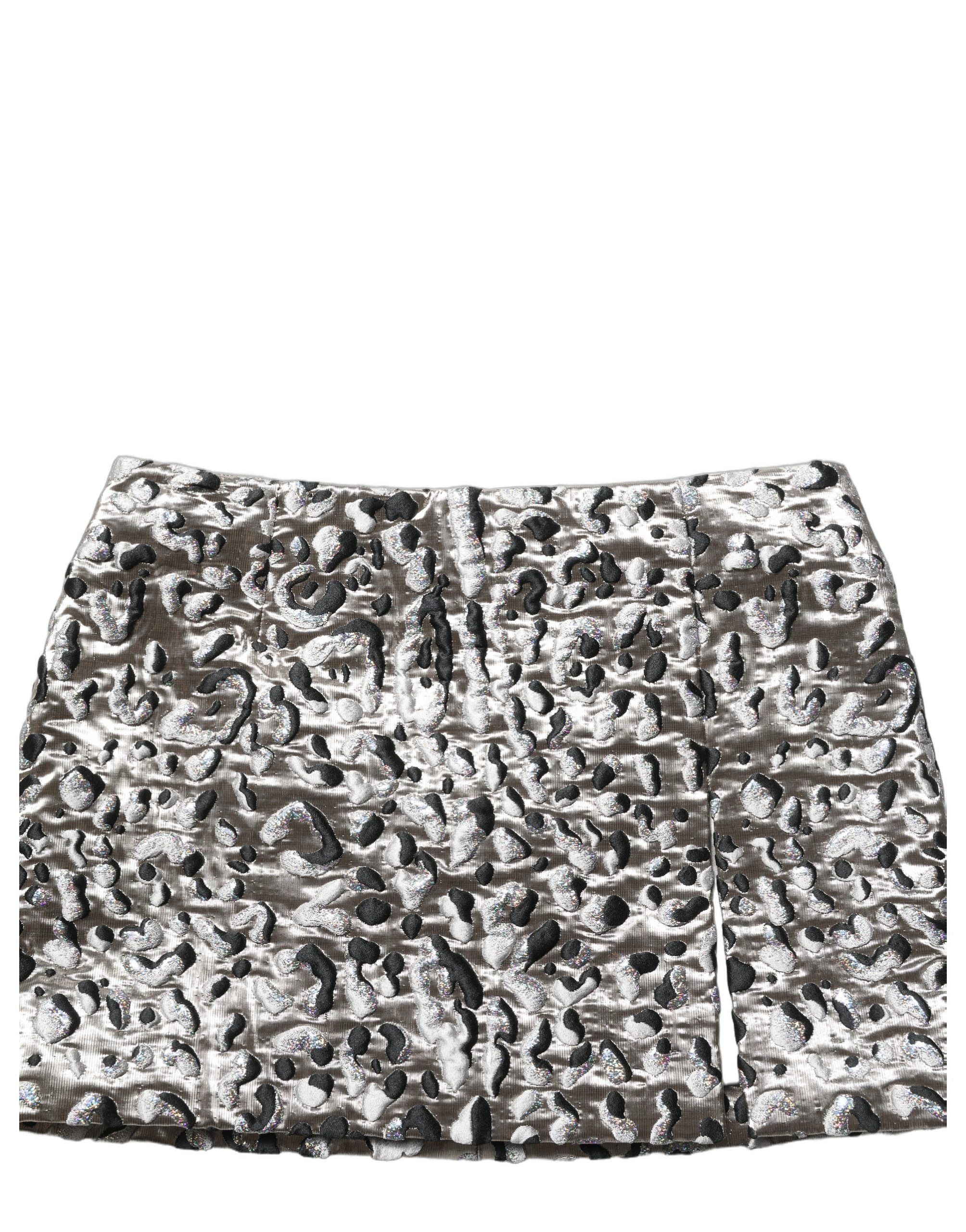 Dolce & Gabbana Silberner Jacquard-Minirock mit Leopardenmuster und mittlerer Taille-6
