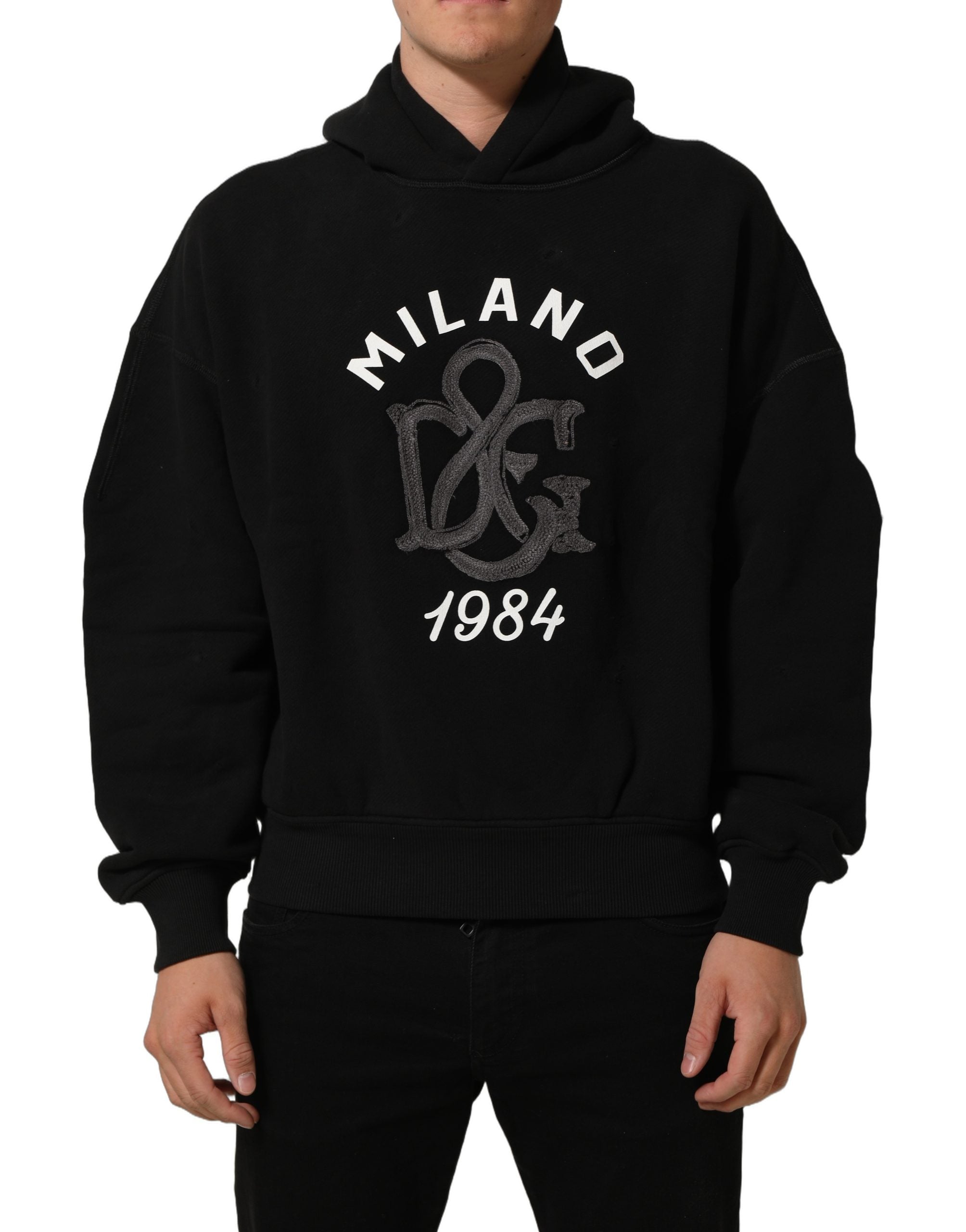 Dolce & Gabbana Schwarzer Kapuzenpullover aus Baumwolle mit Milano1984 Print-4