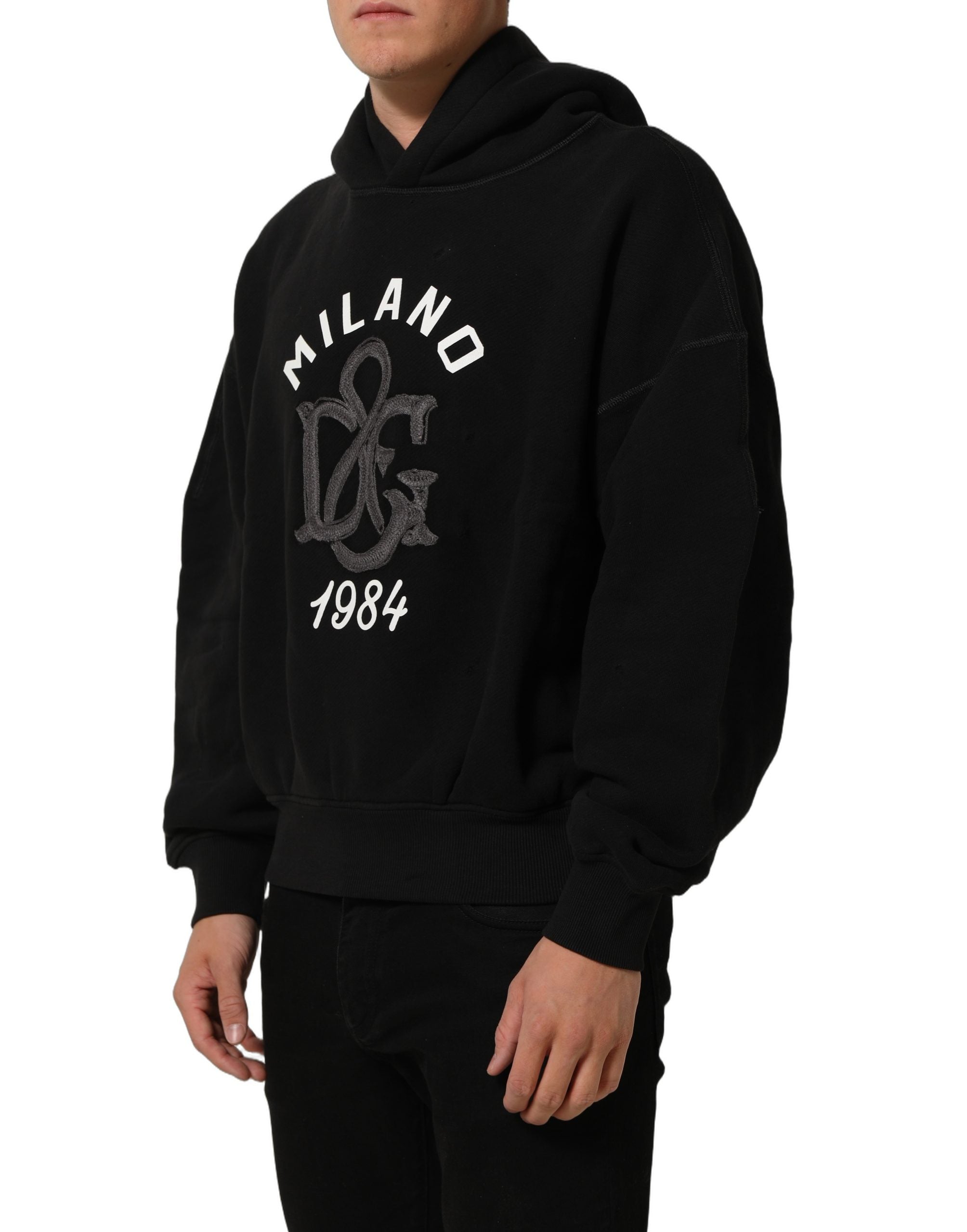 Dolce & Gabbana Schwarzer Kapuzenpullover aus Baumwolle mit Milano1984 Print-5