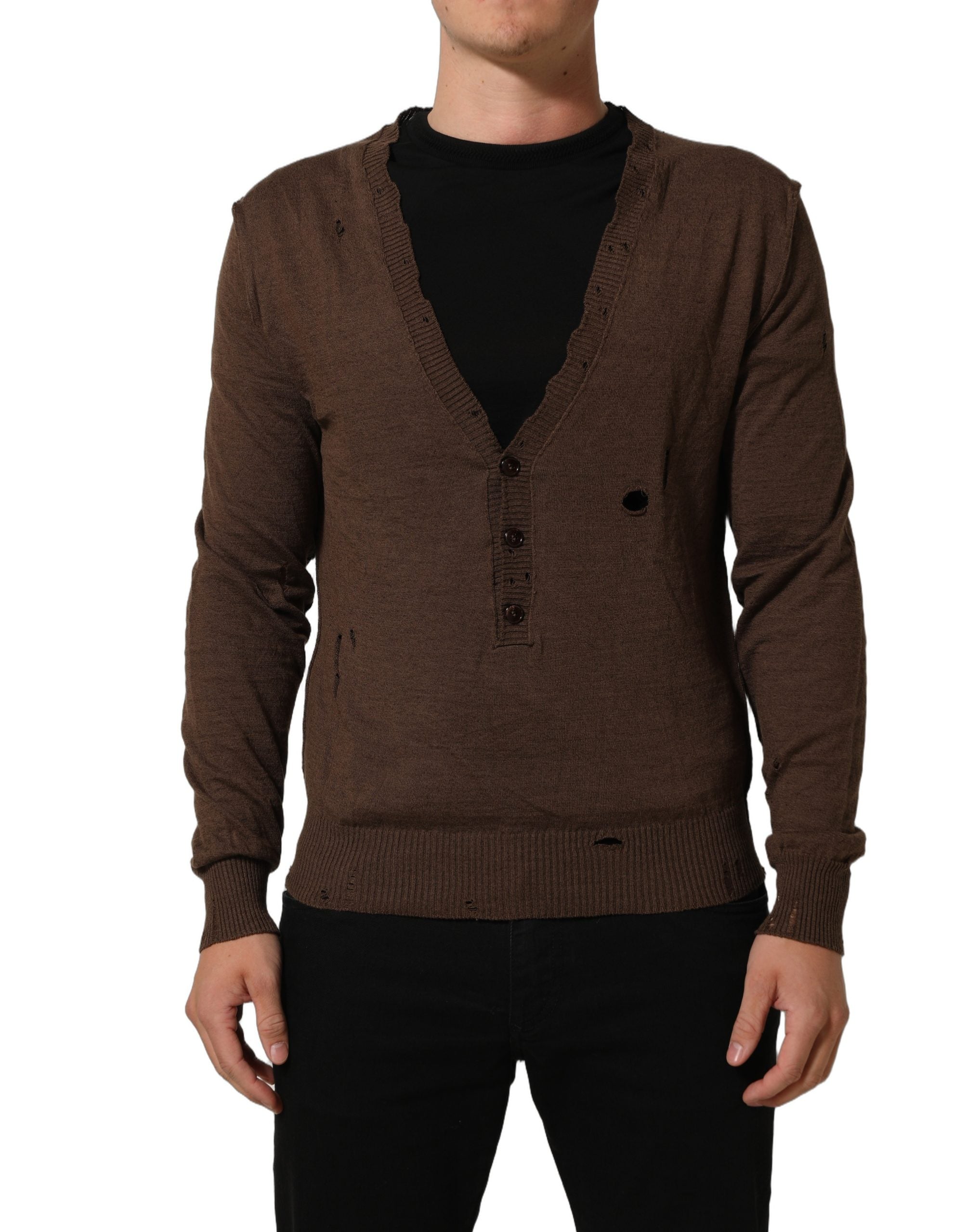 Dolce & Gabbana Brauner Pullover aus Leinen mit V-Ausschnitt und Knöpfen-2