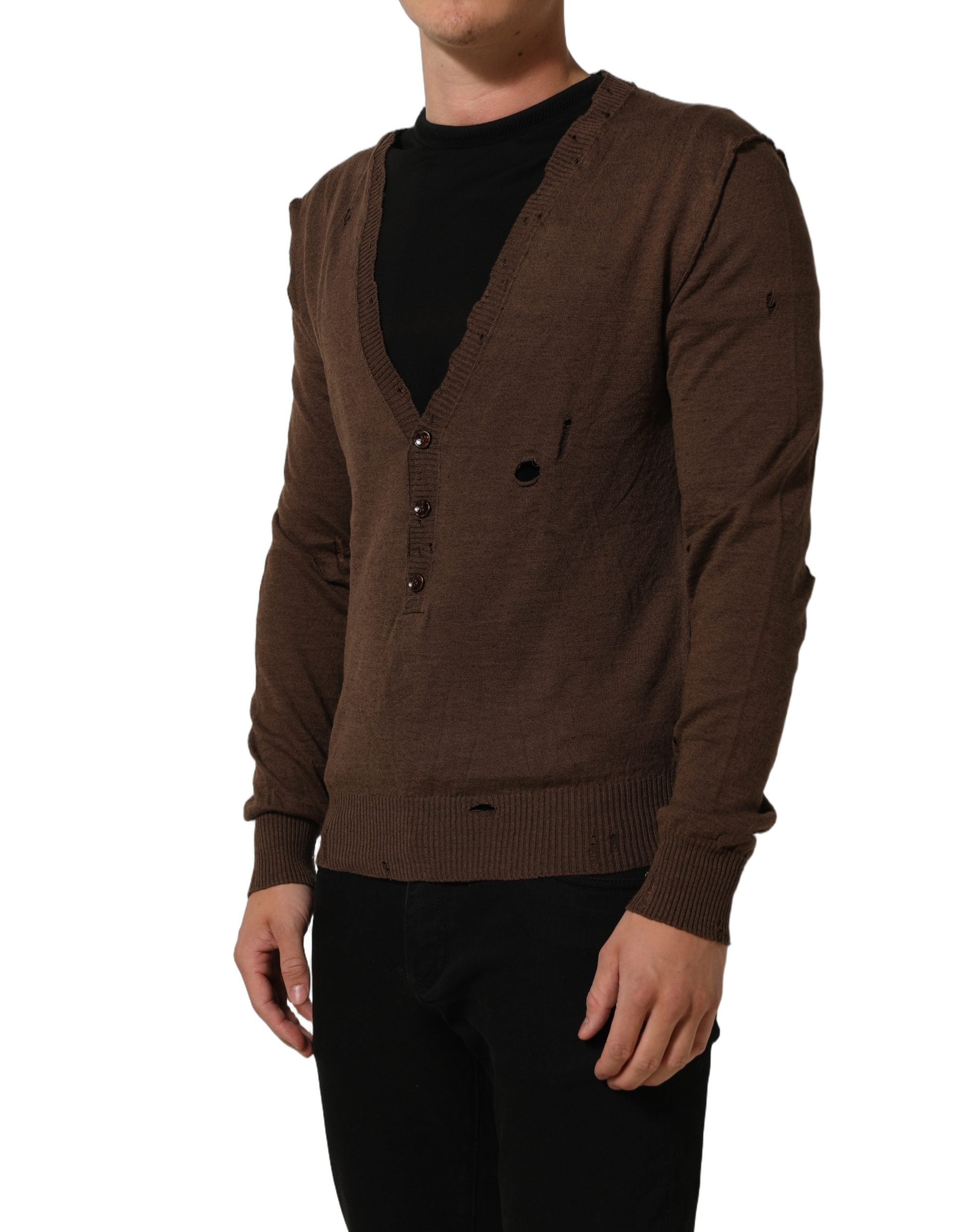 Dolce & Gabbana Brauner Pullover aus Leinen mit V-Ausschnitt und Knöpfen-4