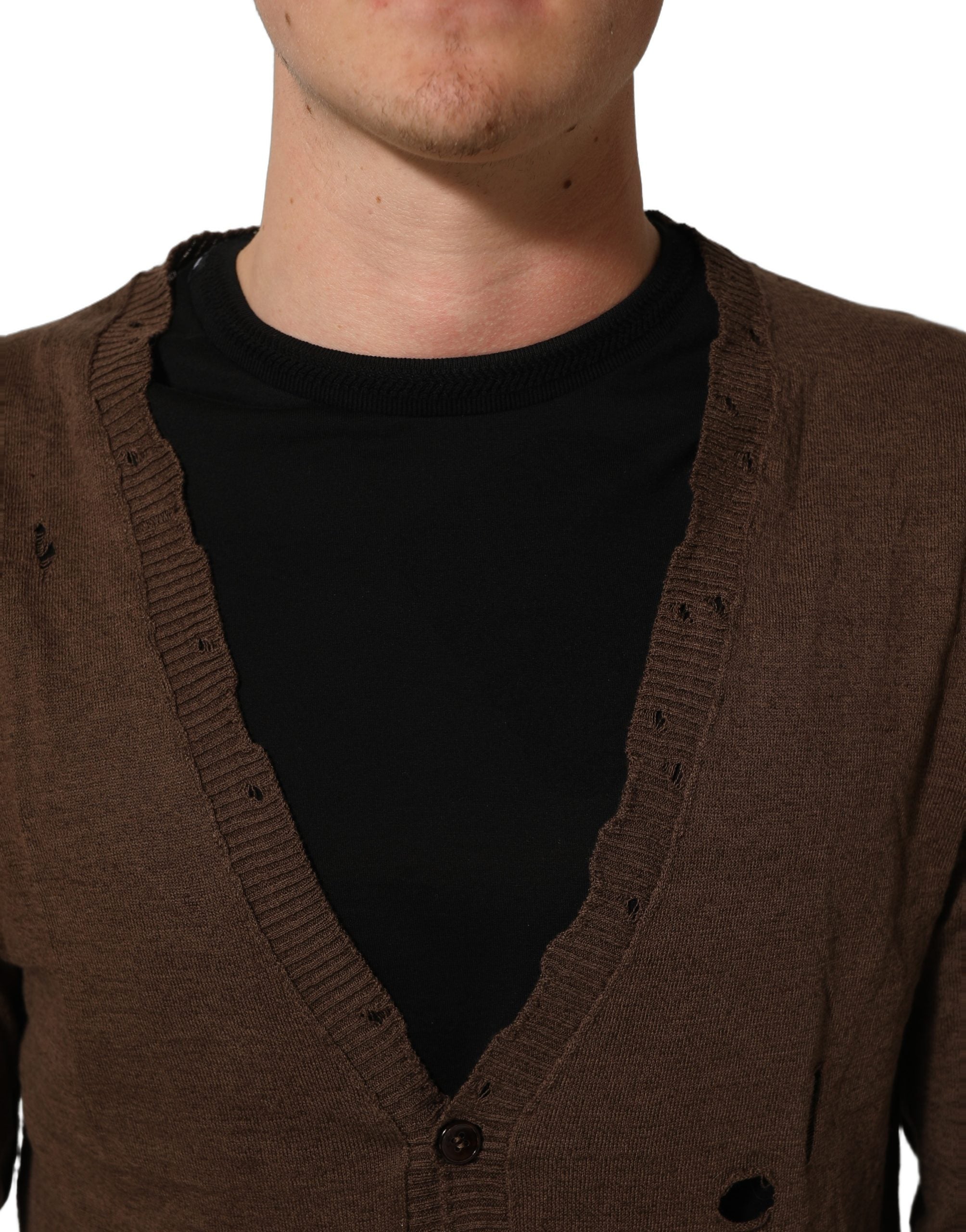 Dolce & Gabbana Brauner Pullover aus Leinen mit V-Ausschnitt und Knöpfen-6