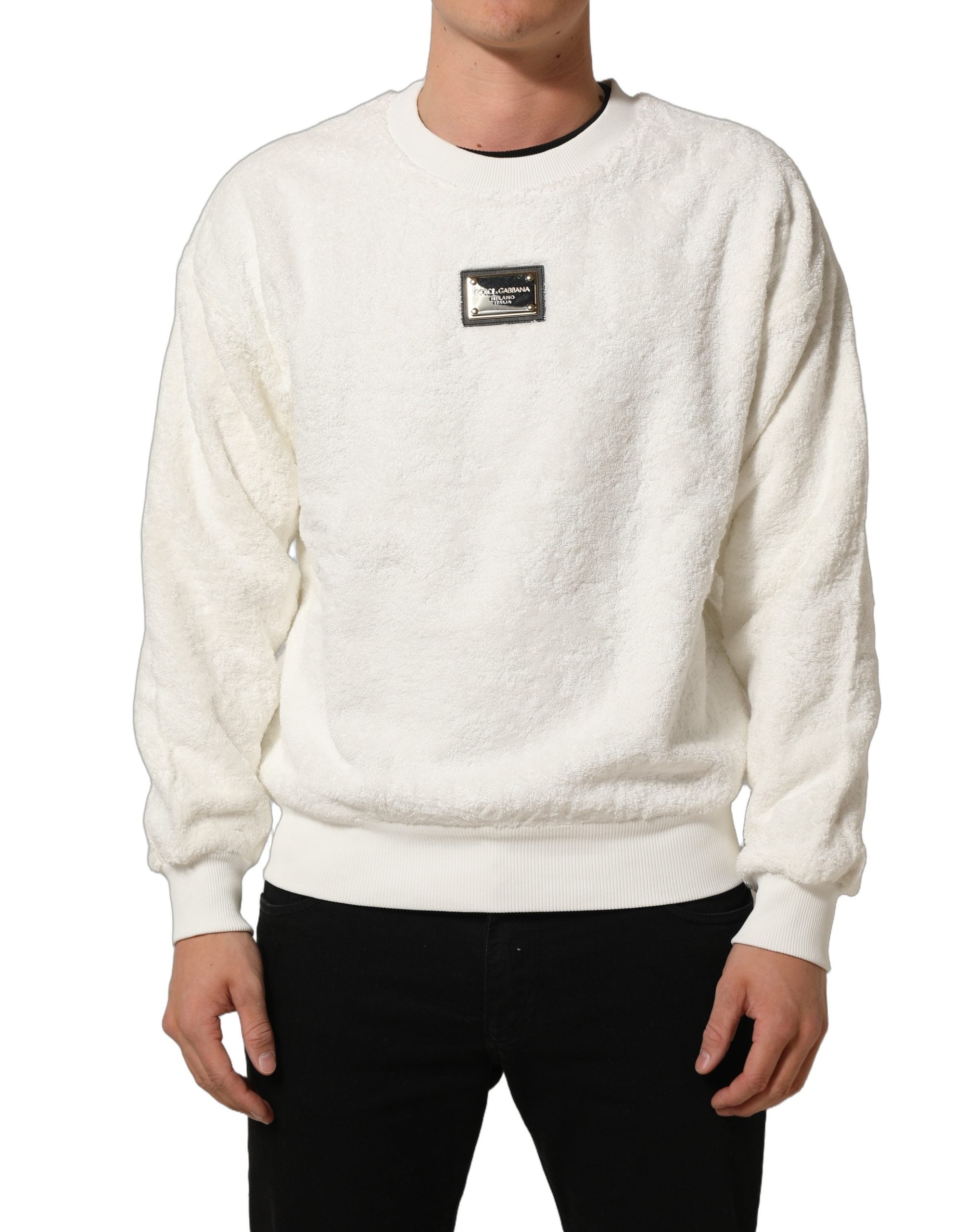 Dolce & Gabbana Weißes Sweatshirt mit Logo-Plakette und Rundhalsausschnitt-2