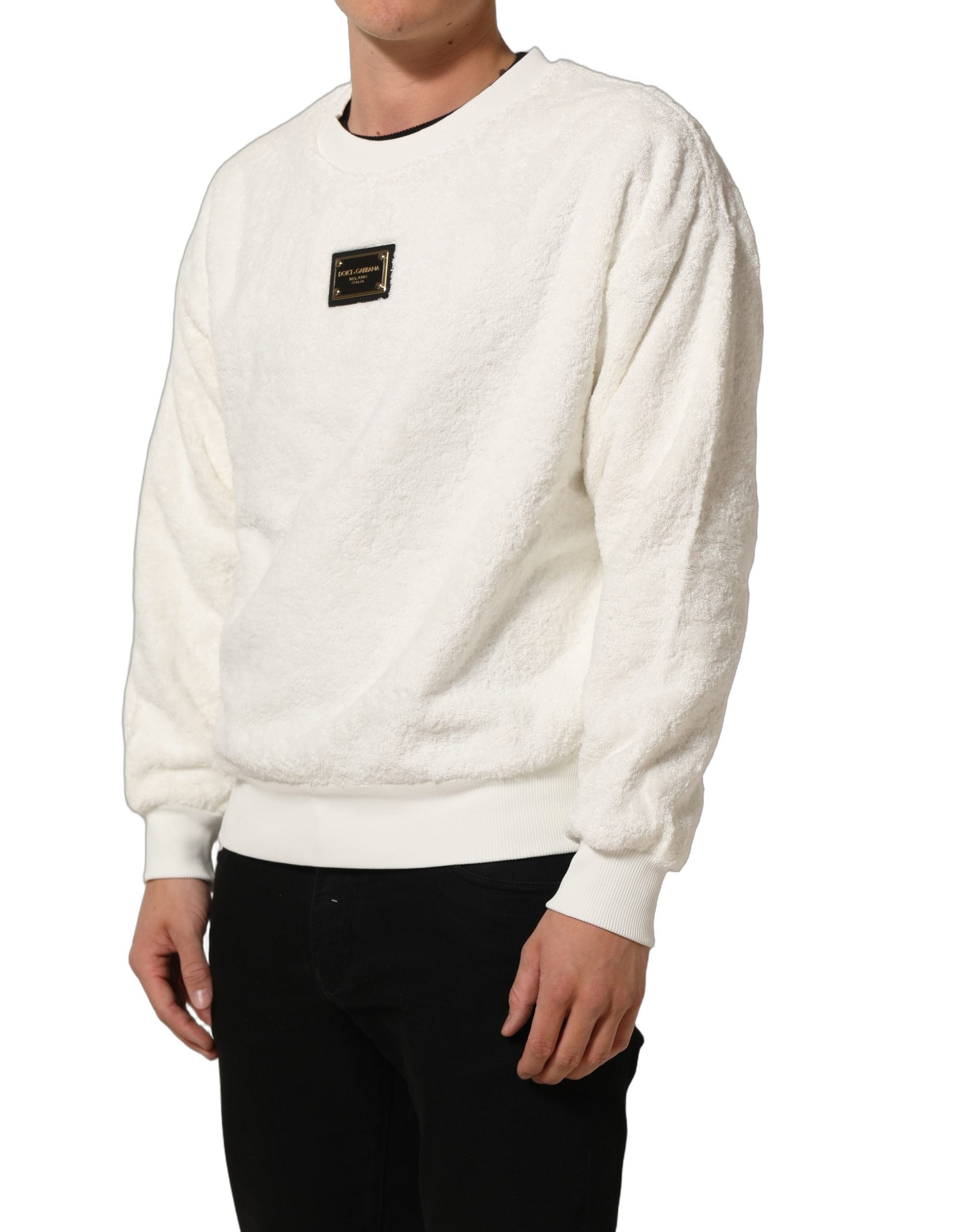 Dolce & Gabbana Weißes Sweatshirt mit Logo-Plakette und Rundhalsausschnitt-3
