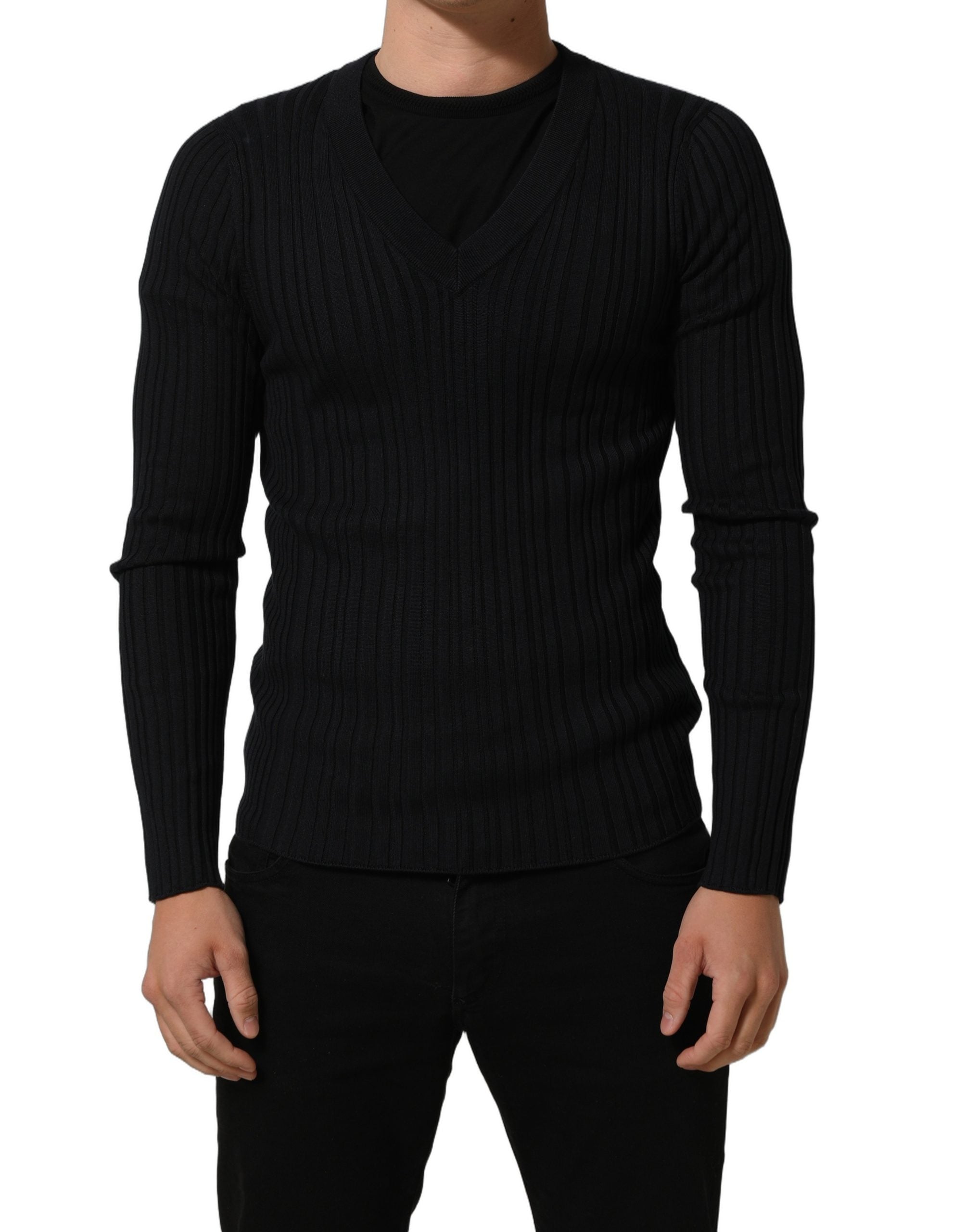 Dolce & Gabbana Schwarzer V-Ausschnitt Pullover aus Seidenmischung für Herren-4